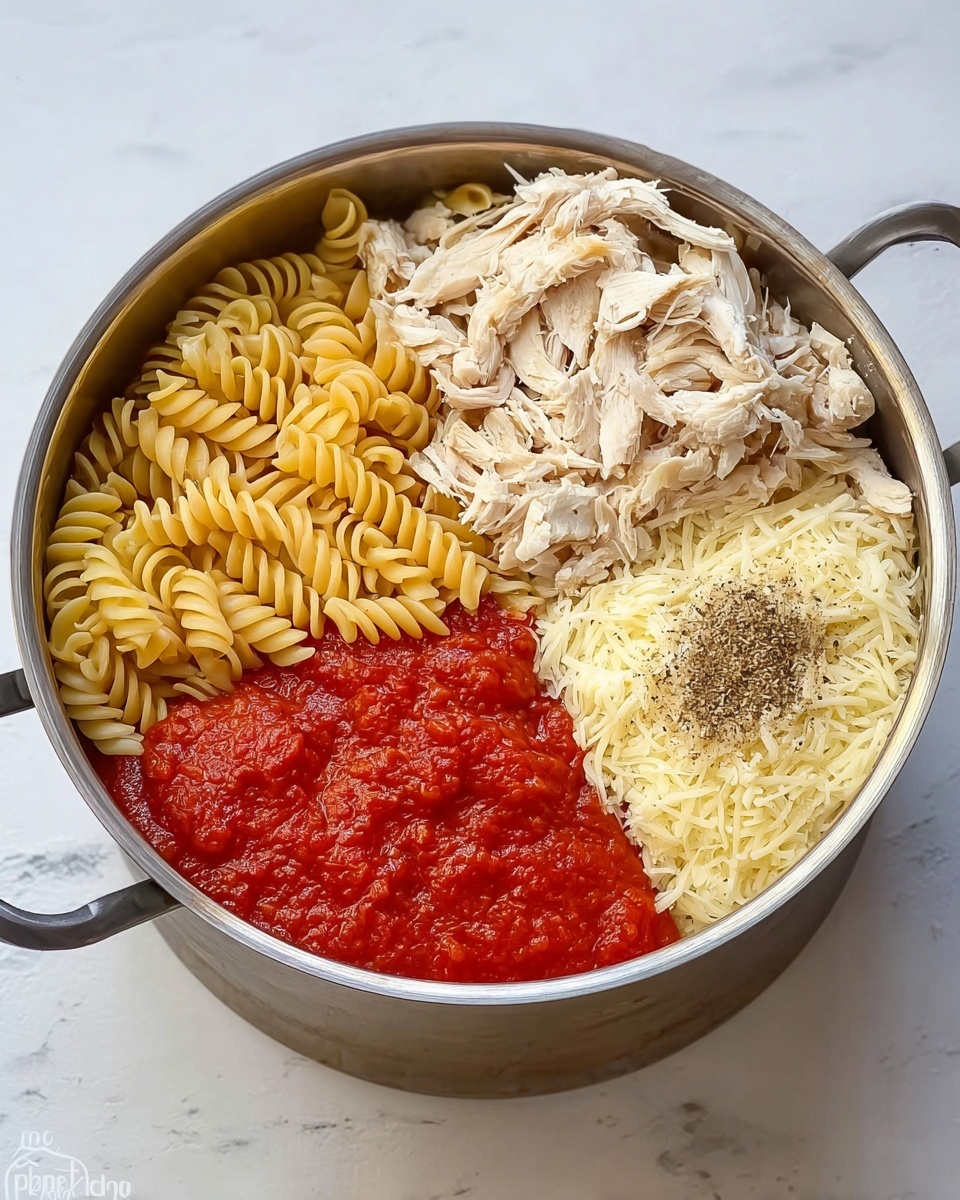 A metal pot on a white marbled surface is divided into four clear sections filled with different ingredients: the top left section has light yellow cooked rotini pasta, the bottom left section holds shredded light brown chicken, the top right section contains finely grated pale yellow cheese with a sprinkle of black pepper in the middle, and the bottom right section is filled with bright red tomato sauce with a smooth, slightly chunky texture. Photo taken with an iphone --ar 4:5 --v 7