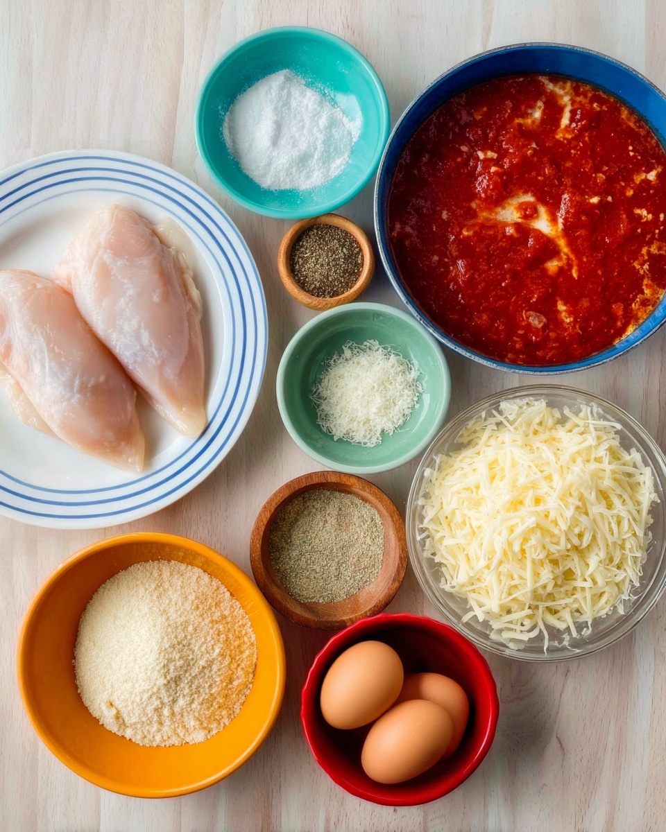The image shows an order of ingredients neatly arranged on a wooden surface. There is a white plate with blue stripes holding two raw chicken breasts on the left side. Around it are small bowls in different colors: a turquoise bowl with flour, a mint green bowl with pepper, a small wooden bowl with salt, an orange bowl filled with grated Parmesan cheese, and a red bowl containing seasoned breadcrumbs. A clear glass bowl holds shredded mozzarella cheese, placed to the right. At the top right, a blue pot contains red tomato sauce, with some sauce splattered inside near the edge. Two brown eggs are placed between the bowls of flour and pepper. The entire setting rests on a white marbled background. photo taken with an iphone --ar 4:5 --v 7