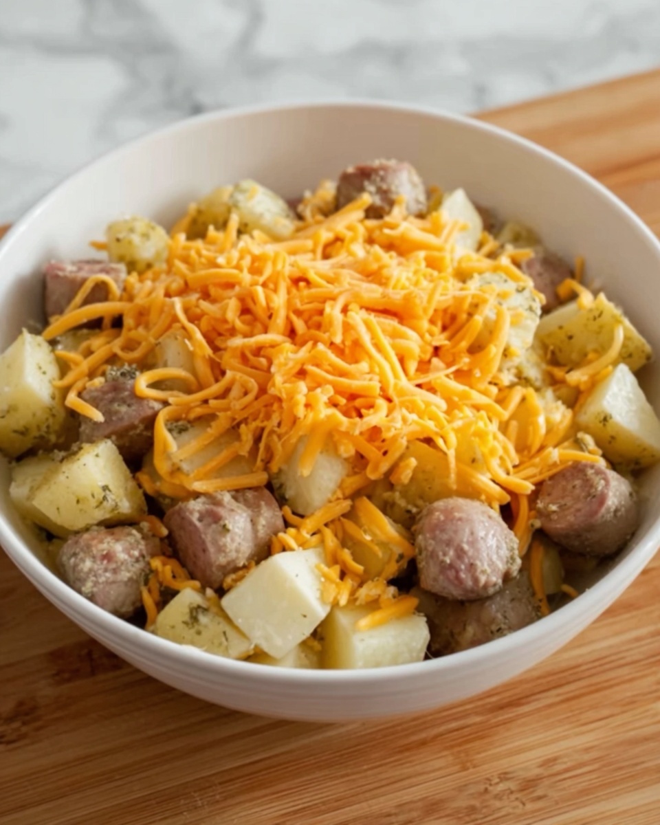 A white bowl filled with pieces of small round sausages and light yellow cubed potatoes mixed together, topped with a heap of bright orange shredded cheese. The bowl sits on a wooden surface with a white marbled texture in the background. The sausage pieces have a smooth, slightly glossy texture and the potato cubes look soft but firm. The shredded cheese on top adds a fine, stringy texture and vibrant color contrast. Photo taken with an iphone --ar 4:5 --v 7