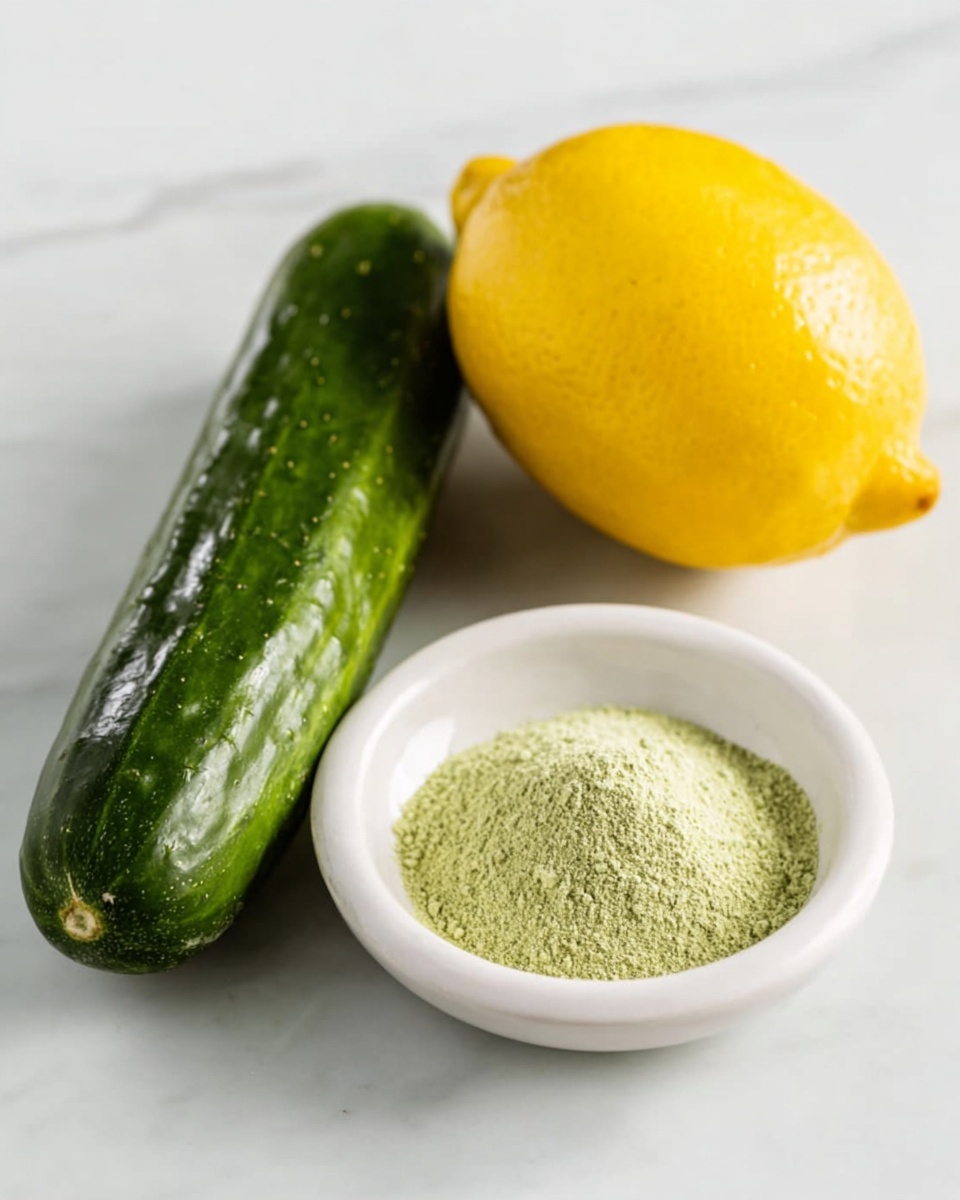 The image shows a whole green cucumber and a whole yellow lemon placed next to a small white bowl filled with a light green powdery spice mix. All items are arranged on a white marbled surface, with the cucumber positioned horizontally behind the bowl and the lemon to the right of the cucumber, slightly behind the bowl. The textures highlight the cucumber's smooth, ridged skin, the lemon’s slightly bumpy surface, and the finely ground, powdery texture of the spice mix in the bowl. Photo taken with an iphone --ar 4:5 --v 7