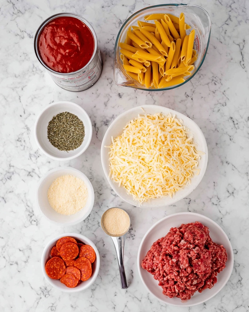 The image shows various ingredients for cooking arranged on a white marbled surface. There is an open can filled with red tomato sauce on the top left, and to its right is a clear glass measuring cup holding uncooked yellow penne pasta. Below the penne is a white bowl filled with a large pile of grated pale yellow cheese. Near the center is a small white bowl with green dried herbs, next to it on the left is another small white bowl containing light yellow seasoning powder. Below these bowls is a clear measuring spoon filled with more grated cheese. On the bottom left, there is a small white bowl holding a stack of round, red pepperoni slices. To the right of the pepperoni is a large white plate heaped with raw red ground meat. photo taken with an iphone --ar 4:5 --v 7