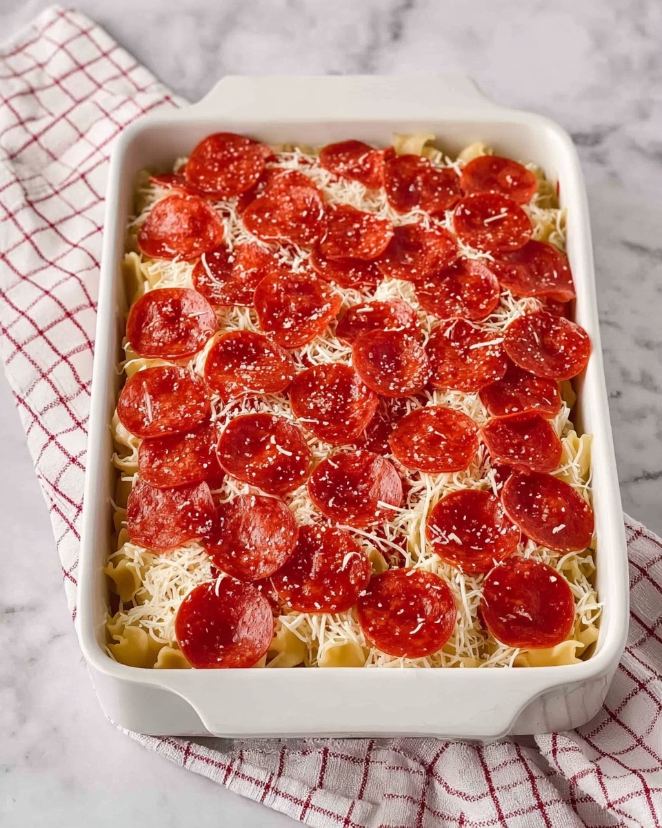 A white rectangular baking dish filled with layered pasta. The bottom layer has visible cut pasta tubes in a pale yellow color. Above this is a layer of shredded melted cheese, creamy white with some stretch. On top is a thick, even layer of bright red pepperoni slices, arranged to cover the entire pasta. The pepperoni is sprinkled with a light layer of finely shredded pale yellow cheese. The dish sits on a white marbled surface with a white and red checkered cloth partly under the dish. Photo taken with an iphone --ar 4:5 --v 7
