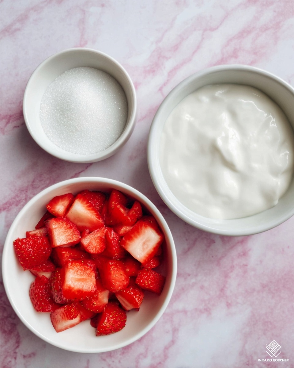 The image shows three white bowls on a white marbled surface. The top right bowl is filled with a smooth, creamy white yogurt with a light texture. On the left side, the bowl holds chopped red strawberries, some pieces showing their juicy inside with a mix of bright red and white parts. Below the two bowls, a smaller white bowl contains fine white sugar with a soft texture. The colors are bright and fresh with a soft light highlighting the freshness. photo taken with an iphone --ar 4:5 --v 7
