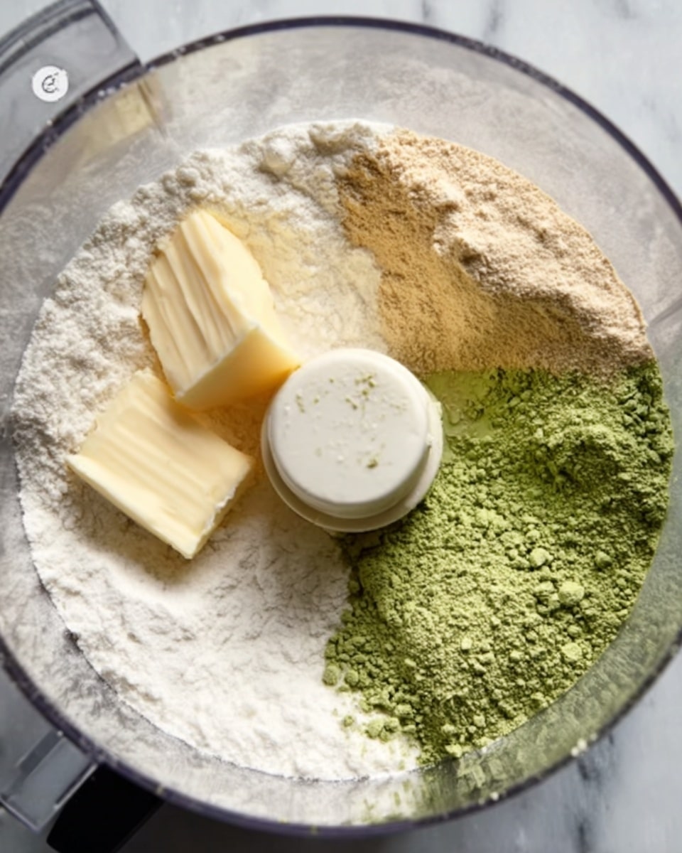 Inside a clear food processor bowl on a white marbled surface, there are several ingredients layered separately around the central blade. The base layer is mostly white flour, occupying about half of the visible space, with two small rectangular blocks of pale yellow butter placed to the side. Adjacent to the flour is a light brown powder forming a triangular section beside the butter. On the opposite side, a bright green powder is spread in a smaller patch, showing a slightly coarse texture. The scene is brightly lit, highlighting the different colors and textures of the ingredients. Photo taken with an iphone --ar 4:5 --v 7