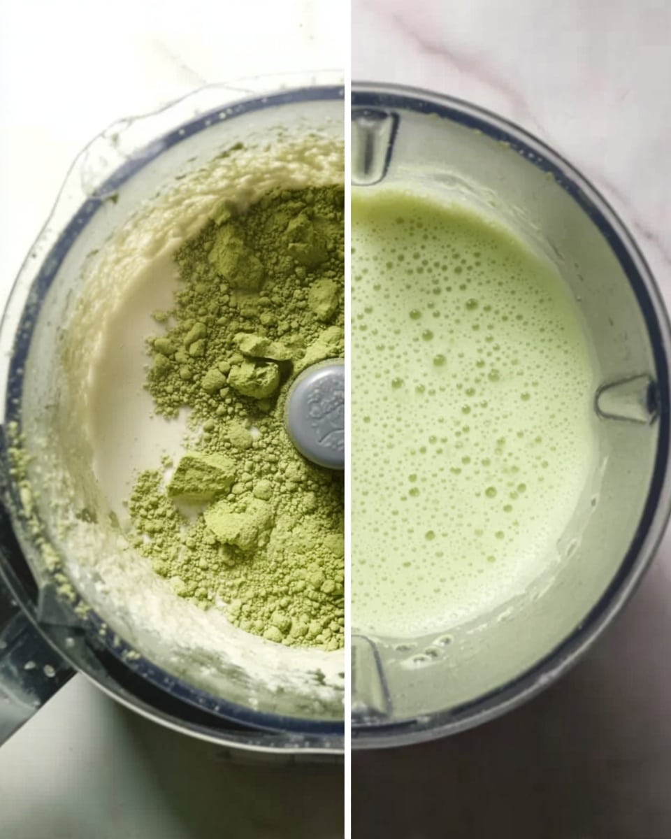 The image shows two close-up views of a blender container on a white marbled surface. On the left side, the blender is filled halfway with a mix of creamy white liquid and green powder, which is unevenly spread on the surface. On the right side, the same blender contains a smooth pale green liquid, evenly mixed and frothy on top, filling most of the container. Tiny bubbles are visible on the surface of the blended mixture. Photo taken with an iphone --ar 4:5 --v 7
