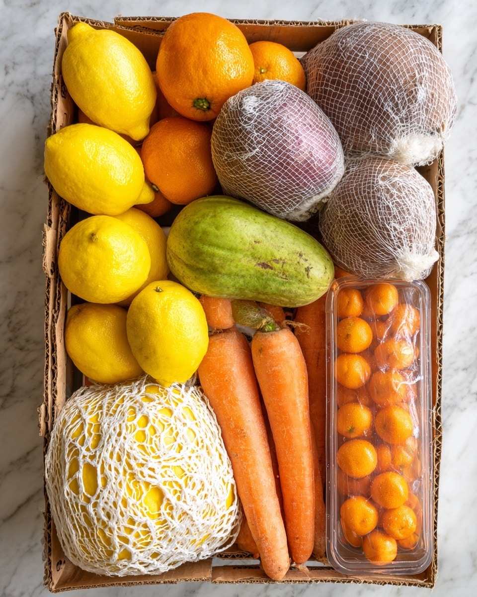The image shows a box full of various fresh fruits and vegetables. At the front left, there are bright yellow lemons. Behind them, there is a white netted fruit with yellow skin and small dark seeds inside. To the right side, there are small orange carrots in a clear plastic bag and a clear plastic container with orange persimmons. On the top right corner, there are two large brown fruits protected by white foam nets, and behind them, there is a large green fruit and some round orange fruits. The surface under the box is white with a lightly marbled texture. photo taken with an iphone --ar 4:5 --v 7