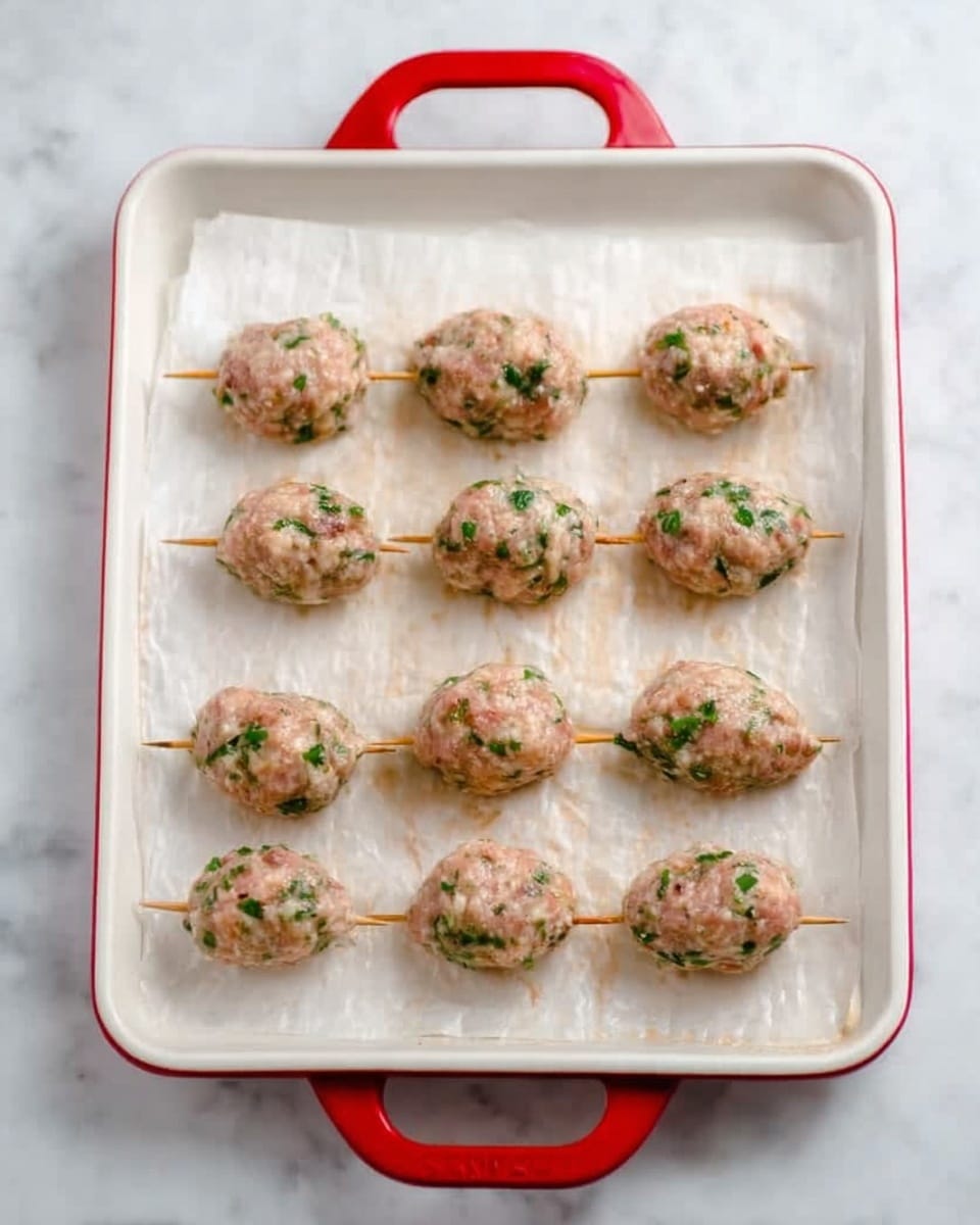 The image shows a white baking tray with two red handles on the sides, lined with parchment paper. On the tray, there are ten small skewers evenly spaced in two rows, each holding a shaped portion of raw ground meat mixed with herbs, giving a light pink and green speckled texture. The skewers are placed neatly and appear ready to be cooked. The background is a white marbled surface. Photo taken with an iphone --ar 4:5 --v 7