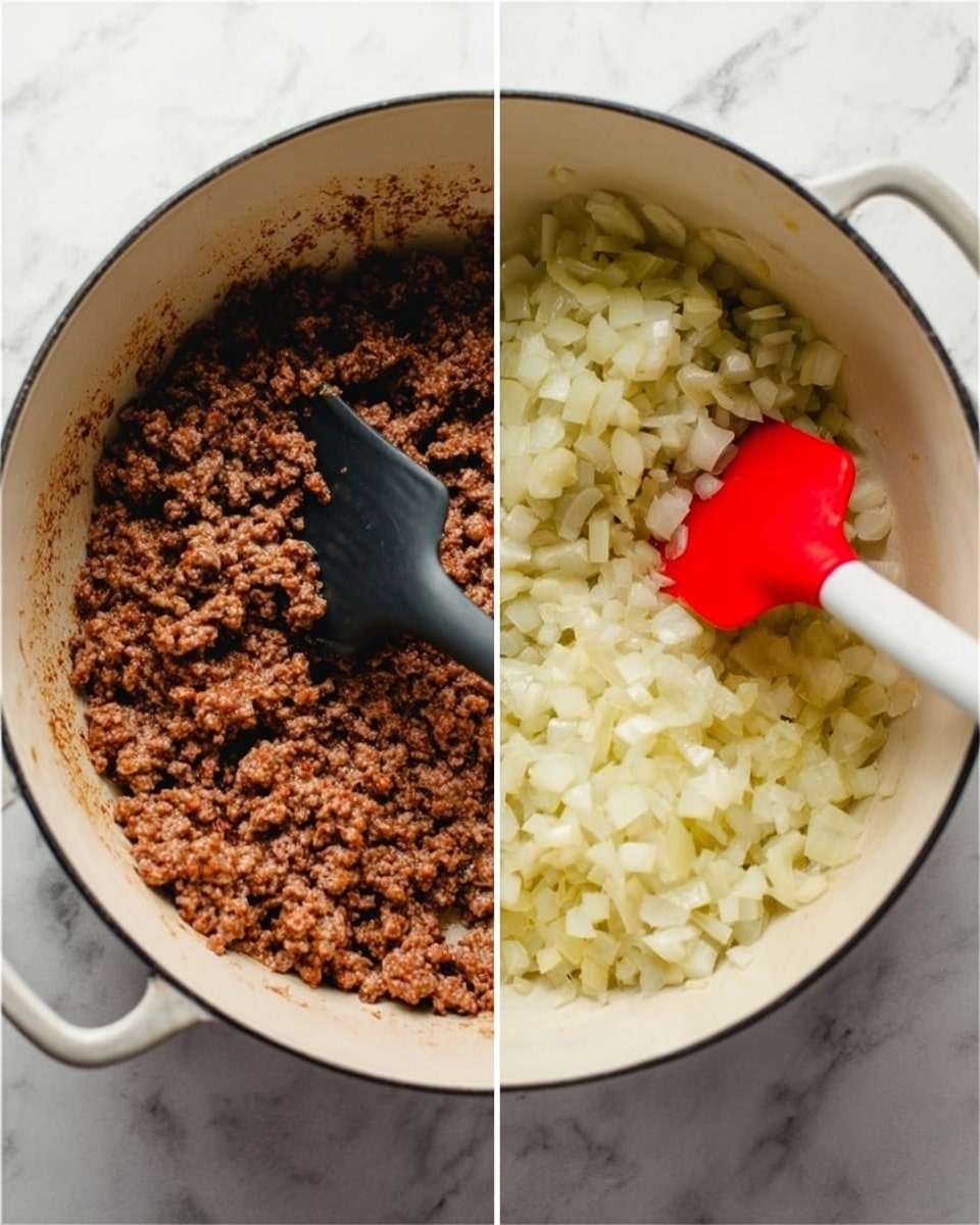 The image shows two close-up views side by side inside a white pot on a white marbled surface. The left side has cooked ground meat, brown in color with a crumbly texture, being stirred by a black spatula. The right side shows chopped onions that are translucent and soft, being stirred with a red spatula that has a white handle. Both images have a white marbled background. Photo taken with an iphone --ar 4:5 --v 7