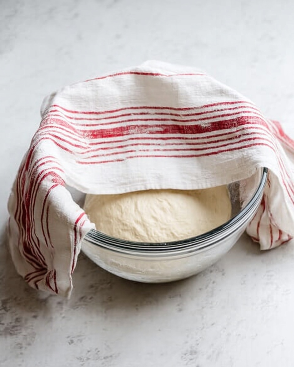 A clear glass bowl with dough inside sits on a white marbled surface. The dough is pale and smooth, resting at the bottom of the bowl. A white cloth with thin red stripes covers the bowl loosely, draping down the sides and partially onto the surface. The overall color palette is light and soft, with the cloth’s red stripes adding a subtle contrast. photo taken with an iphone --ar 4:5 --v 7