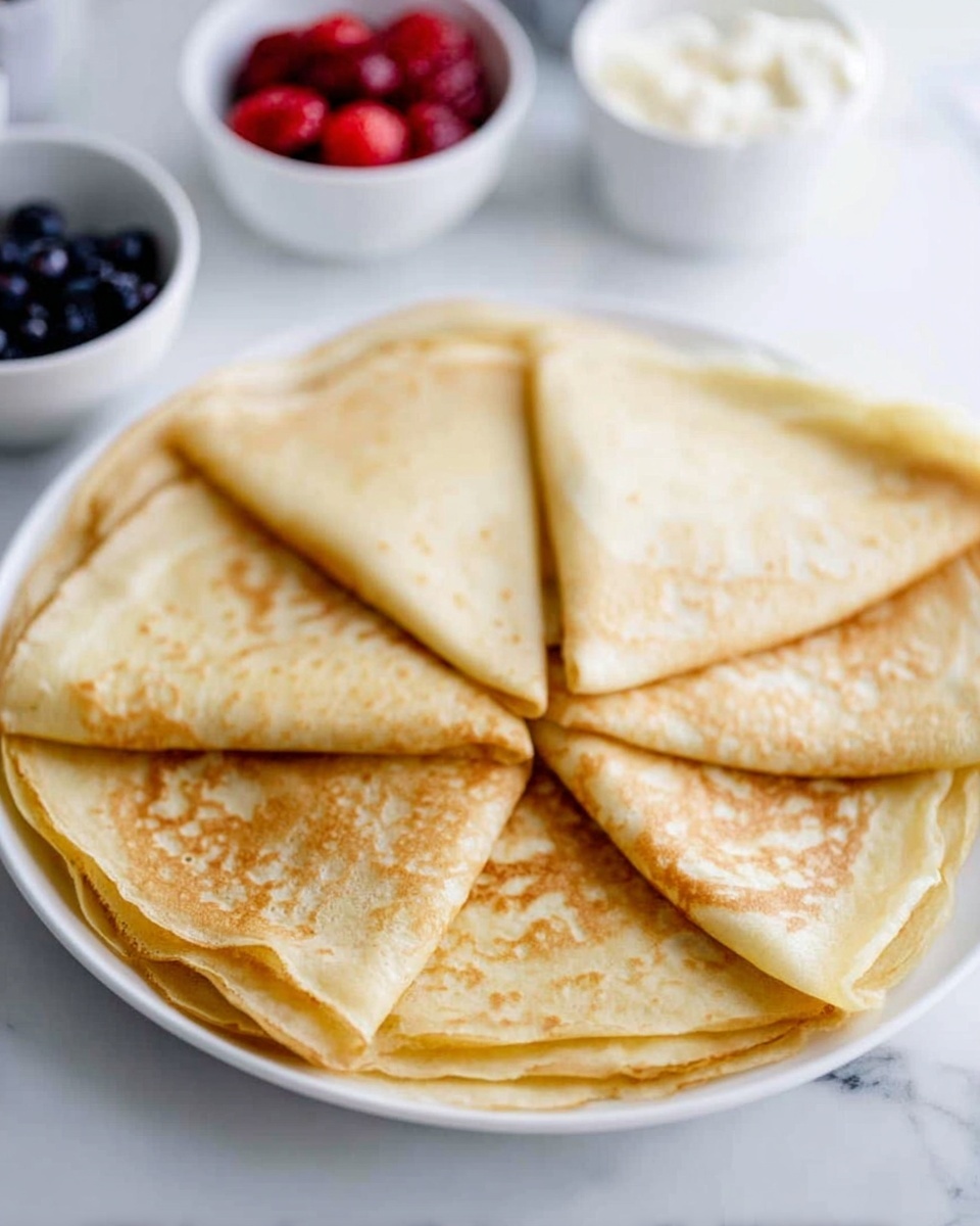 A white plate holds seven folded crepes arranged in a circle, each folded in a triangular shape with layers showing a smooth, soft, and light golden brown texture. The crepes have a thin and even color with slight darker golden spots, hinting at their light fluffiness. In the blurry background on the white marbled surface, three small white bowls contain red, white, and dark blue fruit or sauce, adding a bright contrast to the scene. The photo taken with an iphone --ar 4:5 --v 7