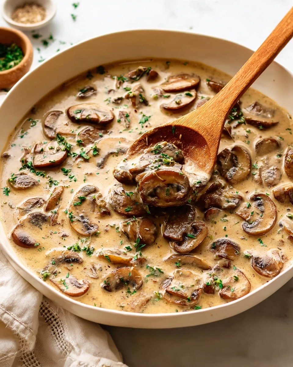 The image shows a white shallow bowl filled with creamy mushroom sauce. The sauce has many slices of cooked brown mushrooms mixed in with a light beige creamy texture, sprinkled with small bits of green herbs on top. A wooden spoon is partially inside the bowl, lifting some mushrooms and sauce, with the spoon's smooth wood grain visible. The bowl is placed on a white marbled surface with some kitchen towels and small containers partially visible around. The overall look is warm and creamy with a mix of soft beige and brown colors, accented by fresh green herbs. photo taken with an iphone --ar 4:5 --v 7