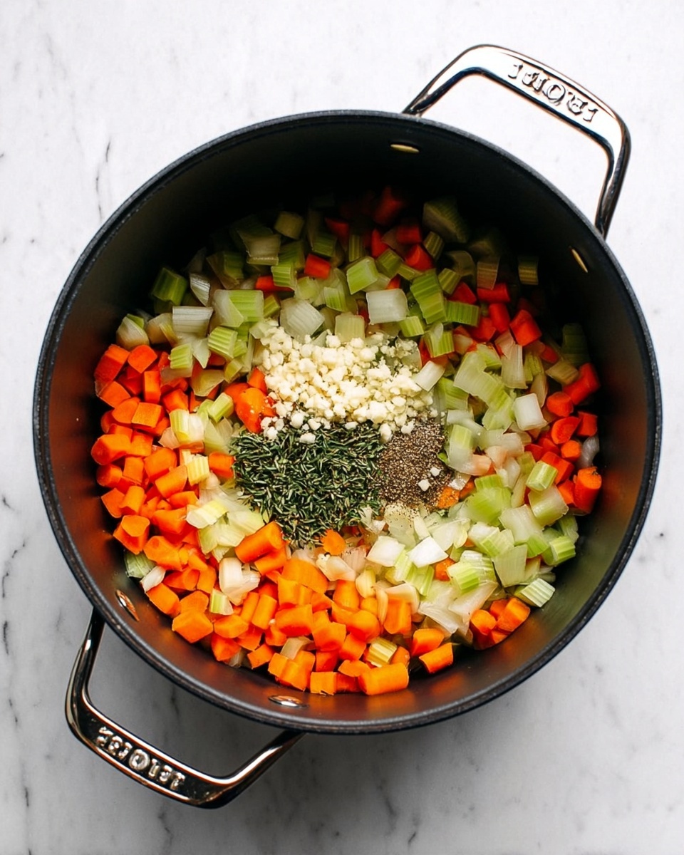 A black pot with two silver handles is placed on a white marbled surface. Inside the pot, there are three types of diced vegetables arranged in layers: bright orange carrots, pale green celery, and white onions. In the center of the pot, a small pile of minced garlic is surrounded by scattered dried herbs and a pinch of white salt. The ingredients are fresh and colorful, showing a mix of smooth and slightly rough textures. photo taken with an iphone --ar 4:5 --v 7