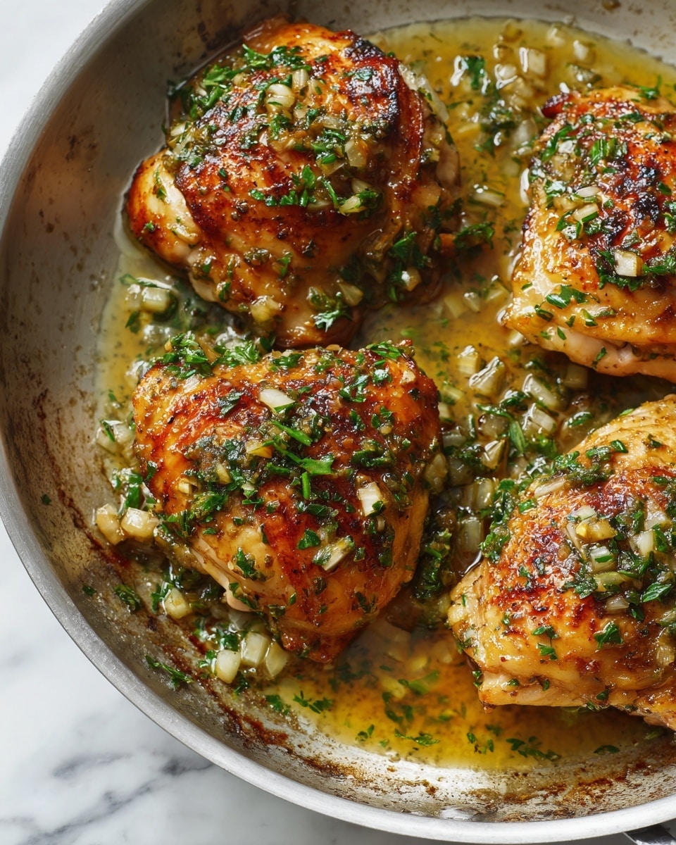 A close-up view of four golden brown cooked chicken pieces arranged in a silver pan with a slightly worn texture. The chicken is glazed with a shiny, oily herb sauce containing small bits of onions and green herbs scattered on top. The pan's surface has a light coating of the sauce, which pools around the chicken and reflects light, adding a glossy effect. The background is a white marbled surface. photo taken with an iphone --ar 4:5 --v 7