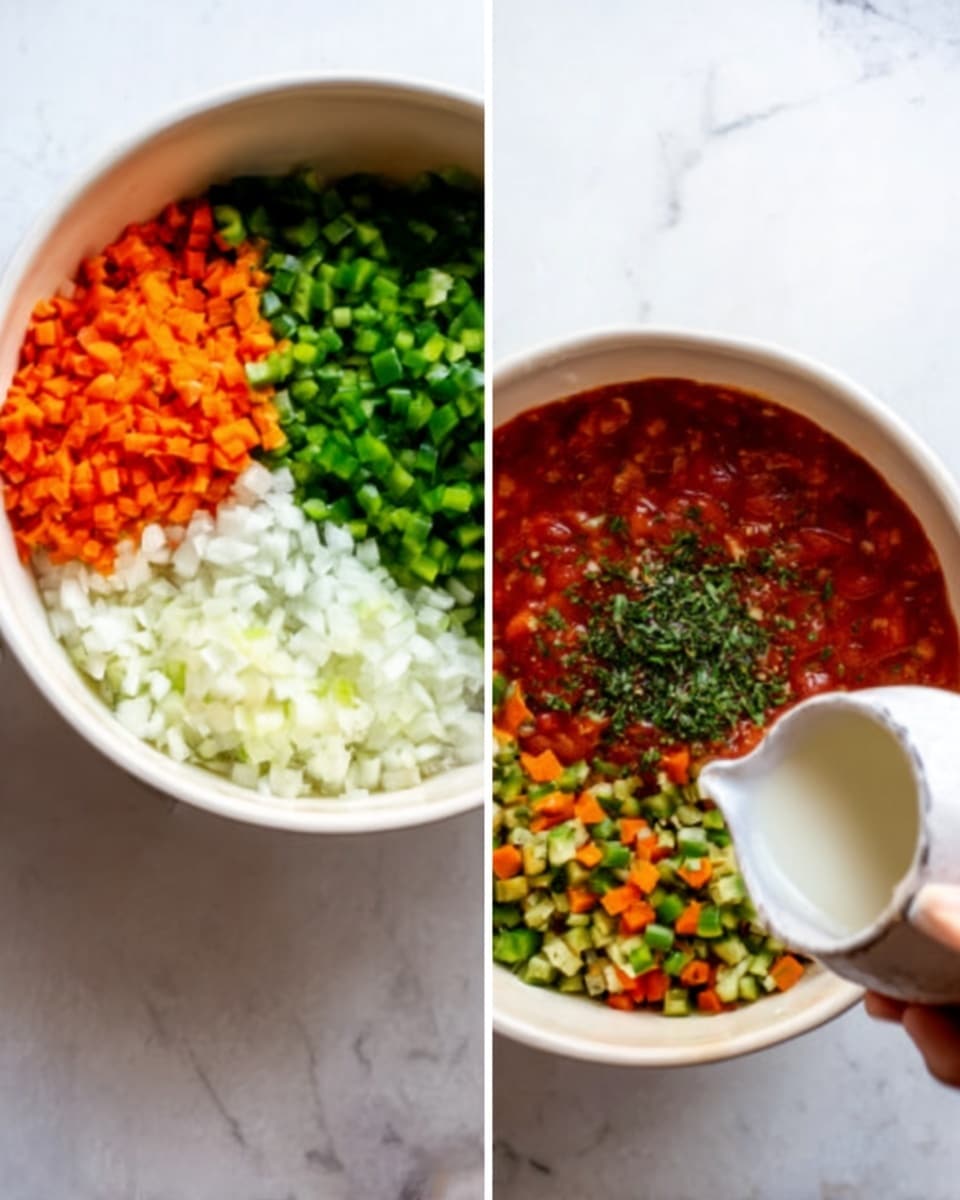 The image shows two white bowls placed on a white marbled surface. The left bowl contains three separate layers from top to bottom: finely chopped green peppers, chopped orange carrots, and white chopped onions. The right bowl is divided into two main parts: one half filled with a red tomato sauce with green herbs sprinkled on top, and the other half containing a mix of green peppers, carrots, and onions. A woman's hand is pouring a white liquid into the right bowl. Photo taken with an iphone --ar 4:5 --v 7