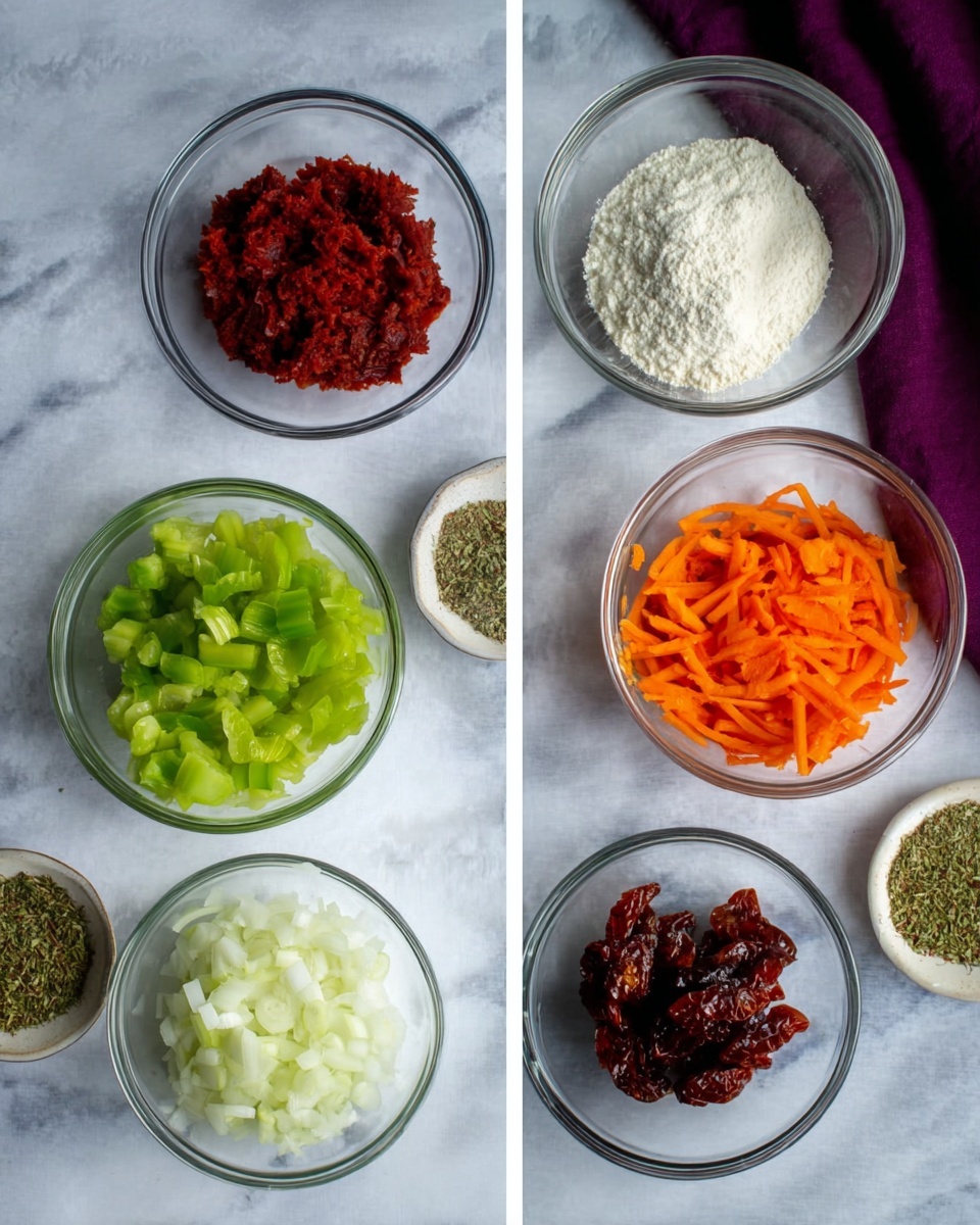 The image shows several clear glass bowls arranged on a white marbled surface. On the left side, there are three bowls: the top left bowl contains a deep red paste, the top right bowl holds a pile of white powder, and the bottom bowl has a small amount of finely ground dried herbs in green and brown tones. On the right side, four bowls are arranged: the top left bowl holds bright green sliced celery, the top right bowl contains thin orange carrot strips, the bottom left bowl is filled with finely chopped white onions, and the bottom right bowl has dark red sun-dried tomatoes. A dark purple cloth is partially seen at the top of the right side. photo taken with an iphone --ar 4:5 --v 7