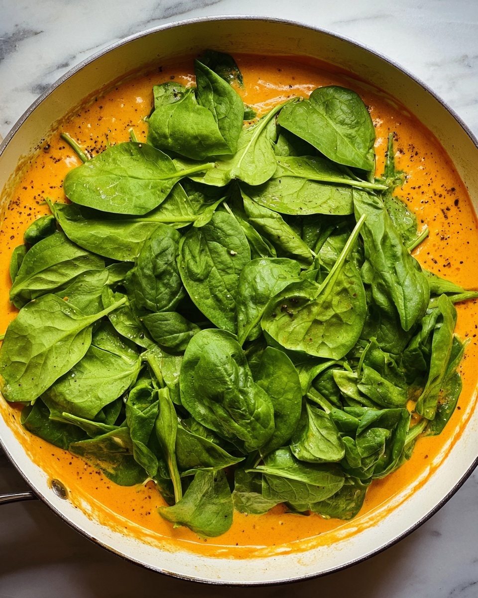 In a white pan filled nearly to the top, there is a layer of smooth orange sauce with visible specks of black pepper. On top of the sauce is a thick layer of fresh, bright green spinach leaves, covering almost the entire surface. The spinach leaves have a slightly shiny texture and are spread unevenly, some curling at the edges, giving a fresh, natural look. The pan sits on a surface with a white marbled texture. photo taken with an iphone --ar 4:5 --v 7