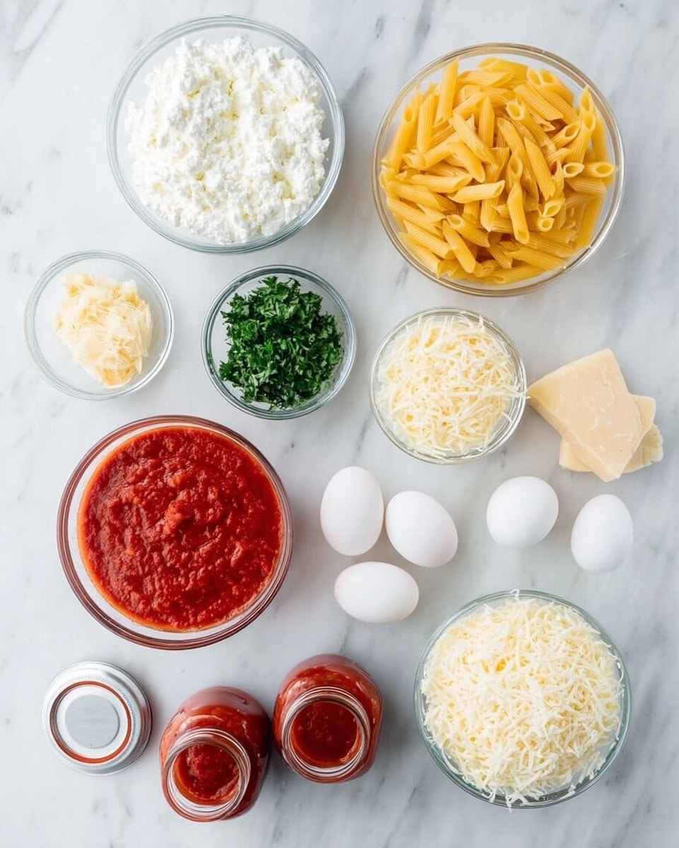 A white marbled surface holds several clear glass bowls and jars arranged neatly: one large bowl filled with white ricotta cheese, a smaller bowl with chopped green herbs, a bowl of uncooked yellow penne pasta, a bowl with shredded white cheese, a bowl filled with red tomato sauce, and another large bowl with grated white cheese. There are two whole white eggs placed directly on the surface and two pieces of pale yellow Parmesan cheese between the herb bowl and the large grated cheese bowl. Two open jars of tomato sauce sit near the bottom edge. The overall layout is clean, bright, and well organized, showing all the ingredients clearly. photo taken with an iphone --ar 4:5 --v 7