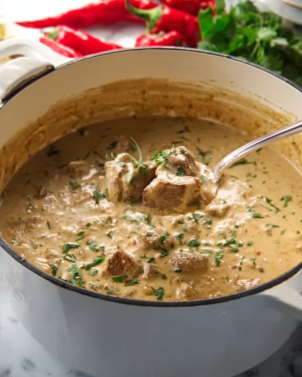 A large white pot filled with a creamy, light brown stew that has small chunks of meat and scattered green herb pieces on top. A metal spoon is stirring the stew, and the pot handle is visible on the right side. The pot sits on a white marbled surface with a partial view of some red vegetables and green stems in the background. photo taken with an iphone --ar 4:5 --v 7