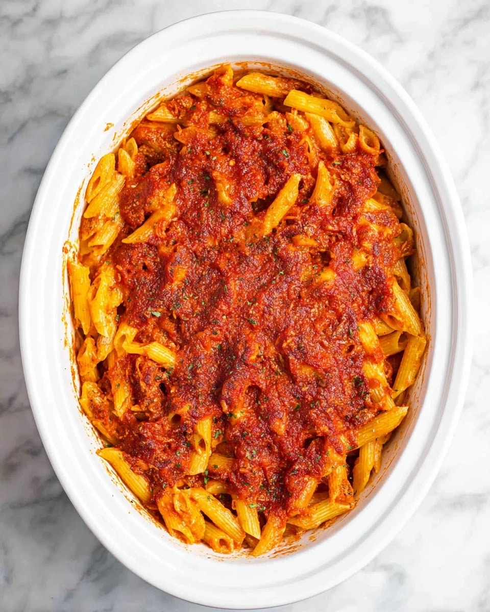 A white oval dish sits on a white marbled surface filled with baked pasta. The top layer shows golden-yellow penne pasta mixed with a thick, rich, deep red tomato sauce that looks baked and slightly crisp around the edges. The sauce has a smooth, dense texture with small bits of herbs visible, covering the pasta unevenly. The dish looks warm with a rustic, home-cooked style. photo taken with an iphone --ar 4:5 --v 7