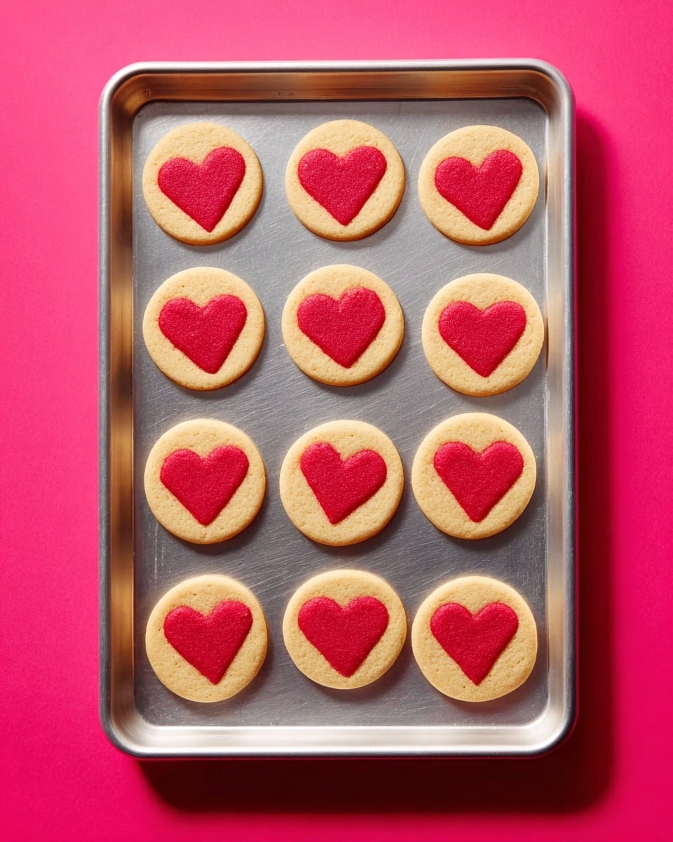 A metal baking tray holds twelve round cookies arranged in a 4 by 3 grid, each cookie topped with a red heart shape in the center. The cookies are light golden brown with smooth surfaces, and the hearts have a solid, even red color with a soft texture. The tray rests on a bright pink background. photo taken with an iphone --ar 4:5 --v 7