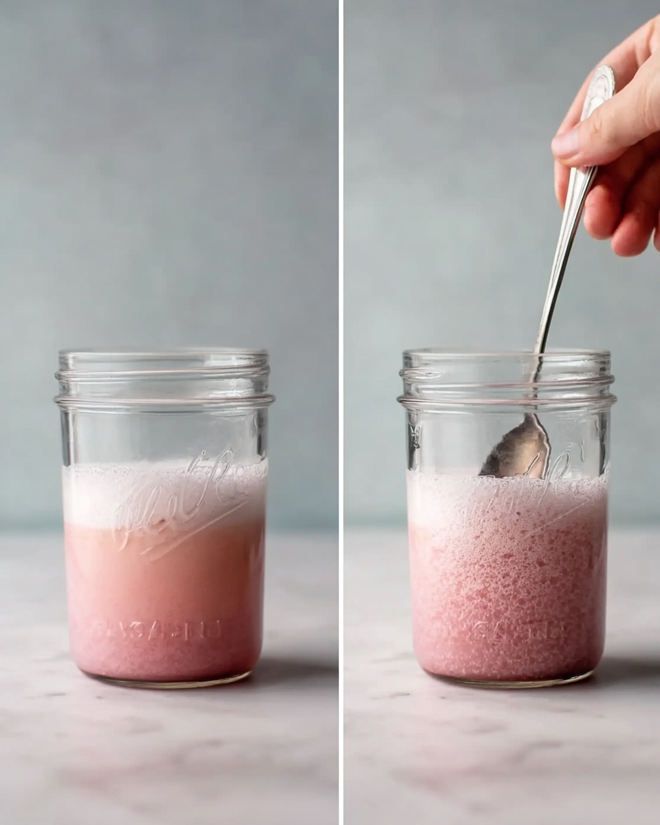 The image shows two side-by-side photos of a clear glass jar placed on a white marbled surface. Inside the jar, there is a pinkish liquid that fills about three-quarters of the jar, with a layer of white foam on top. On the right side photo, a woman's hand holds a metal spoon stirring the pinkish liquid in the jar, causing small bubbles and specks to rise on the surface of the froth. The jar is transparent and has some faint embossed text near the top. The background is a soft grey gradient. photo taken with an iphone --ar 4:5 --v 7