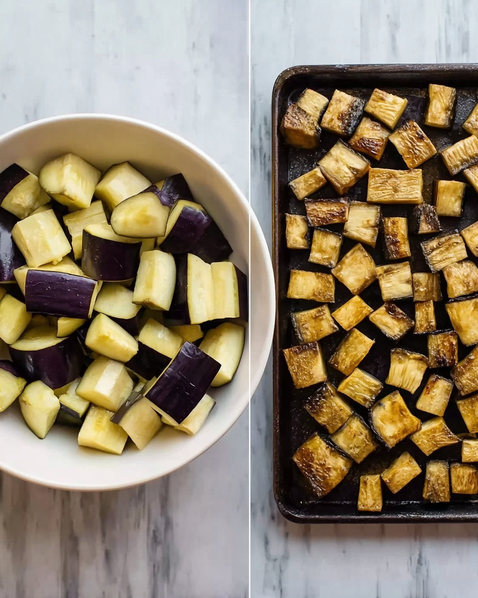 The image shows two parts side by side on a white marbled surface. On the left, there is a white bowl filled with raw eggplant pieces, each cut into small cubes with dark purple skin and pale yellow inside. On the right, there are many cooked eggplant cubes with a golden brown color and slightly charred edges, arranged on a dark tray. The cooked pieces have a shiny and grilled texture. photo taken with an iphone --ar 4:5 --v 7