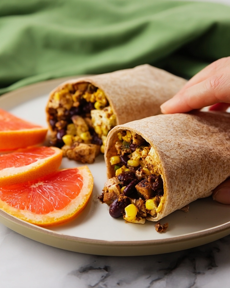 The image shows two halves of a wrap placed on a white plate, each filled with a mixture of yellow corn, black beans, and browned tofu or crumbled filling, with a soft brown-wheat tortilla wrapping. Behind the wraps, there are three wedges of bright reddish-orange grapefruit, displaying their juicy, segmented texture. A woman's hand is reaching toward the wrap on the right side. The white plate sits on a white marbled surface with a green cloth blurred in the background. photo taken with an iphone --ar 4:5 --v 7