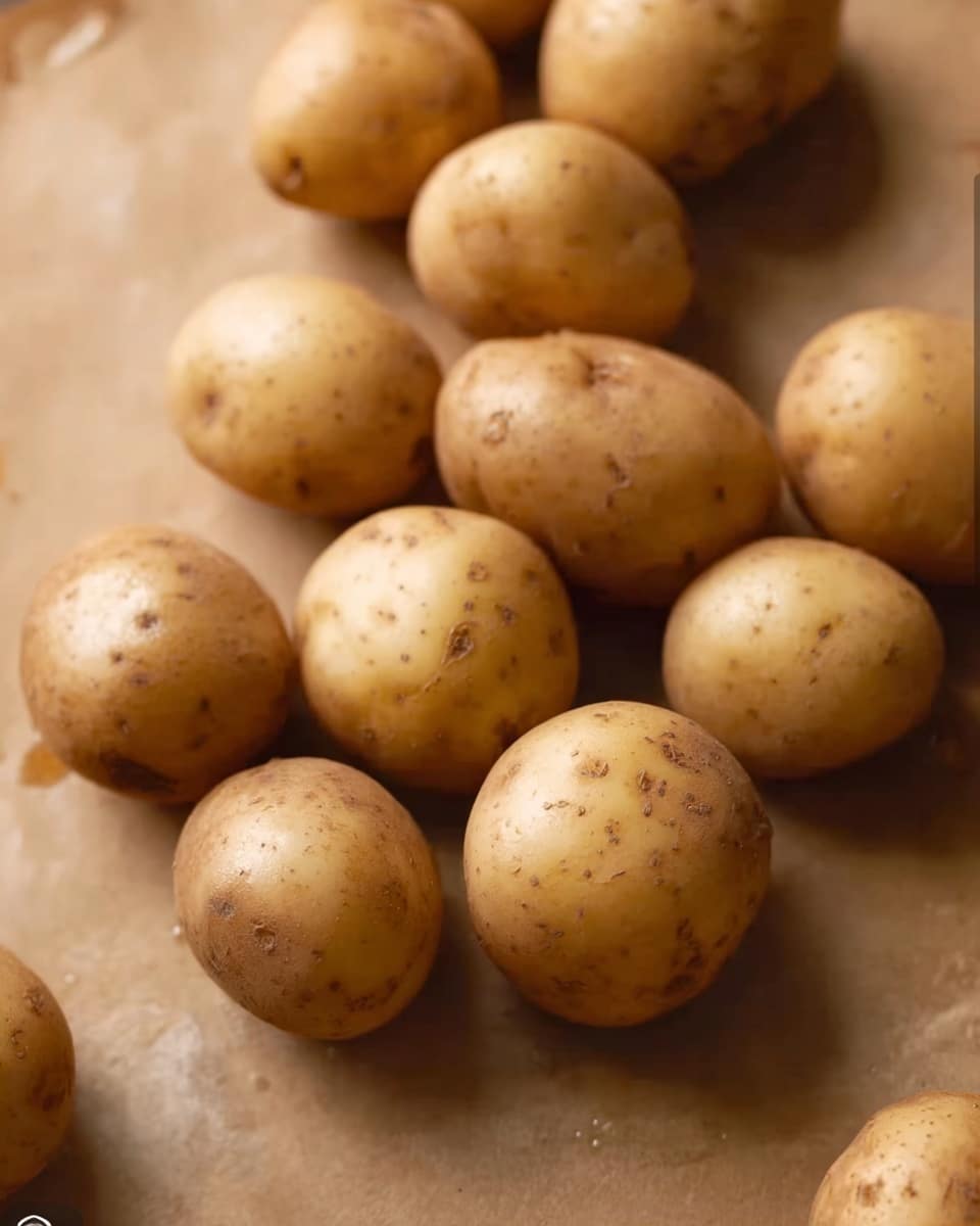 A group of small, round potatoes with light brown skin spread out on a light brown surface. The potatoes are smooth with some small dark spots and have a natural, fresh look. The overall tone is warm and earthy, highlighting the raw, unpeeled potatoes. photo taken with an iphone --ar 4:5 --v 7