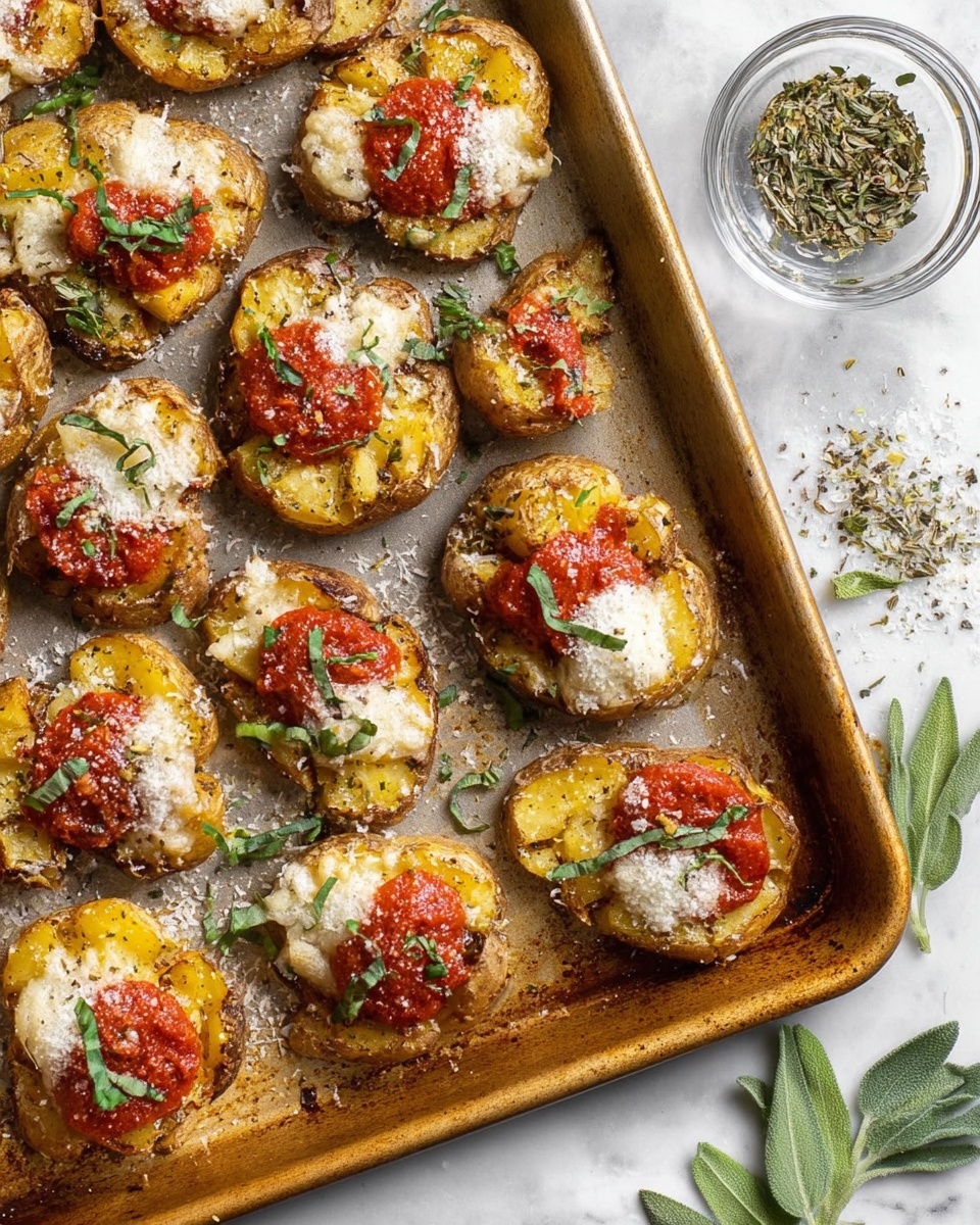 The image shows a baking tray filled with small smashed potatoes, each topped with a layer of melted cheese that is golden and slightly crispy around the edges. On top of the cheese, there is a small round dollop of red tomato sauce. The final top layer is a small sprinkle of white melted cheese, and some pieces have green herb leaves placed on them. A small glass bowl with dried green herbs sits near the top right corner of the tray. The tray rests on a white marbled surface with some scattered green leaves and ground seasoning around it. Photo taken with an iphone --ar 4:5 --v 7