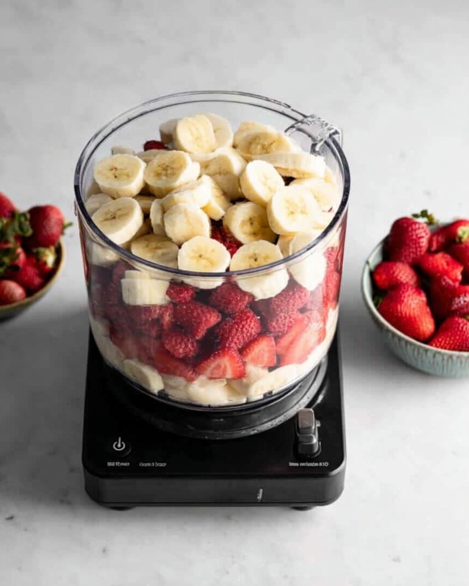 The image shows a food processor bowl filled with layers of fruit to make a smoothie or sauce. The bottom layer has some white banana slices, followed by a layer of red strawberries covering most of the bowl. On top, there is a thick layer of white banana slices scattered evenly. The bowl is clear and placed on a black food processor base, set on a white marbled surface. To the side, a small bowl of fresh red strawberries adds extra color. Photo taken with an iphone --ar 4:5 --v 7