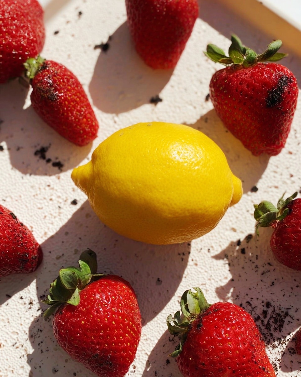The image shows a close-up of a white textured surface with a bright yellow lemon placed slightly off-center. Surrounding the lemon are several fresh red strawberries with green leafy tops, scattered unevenly across the surface. The lemon's smooth, slightly shiny skin contrasts with the strawberries' small seed-speckled, bumpy texture. The overall light is natural, casting soft shadows beneath the fruits. photo taken with an iphone --ar 4:5 --v 7