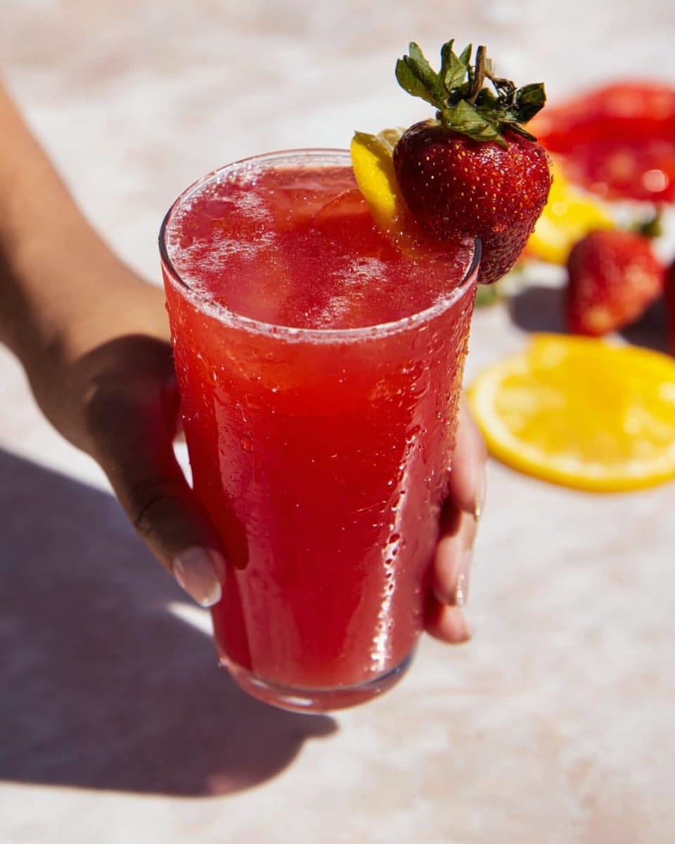 A clear tall glass filled with bright red drink and ice cubes visible inside, the glass is covered with small droplets of condensation. On the rim of the glass, there is a fresh red strawberry with its green leaves and a small yellow lemon wedge. The glass is being held by a woman's hand, and the background shows a white marbled surface with blurred red and yellow shapes that look like fruit slices. photo taken with an iphone --ar 4:5 --v 7