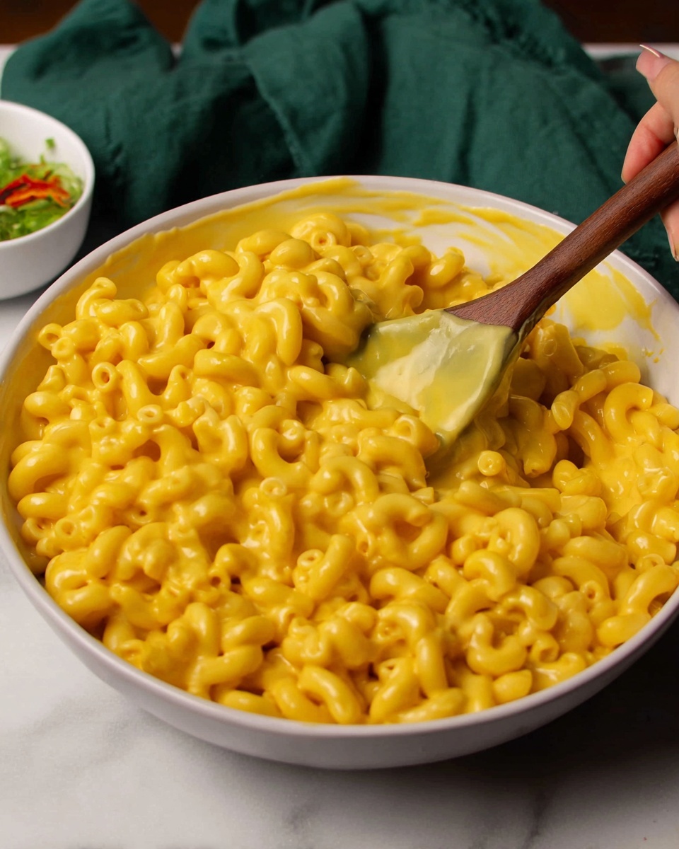 A large white bowl filled with elbow macaroni pasta covered in thick, smooth, bright yellow cheese sauce is shown. The pasta shines slightly under the sauce, which looks creamy and rich, smoothly coating each piece. A wooden spatula stirs the dish, held by a woman's hand entering from the right side. In the background, there is a small white bowl with some green garnish and light sauce. The whole scene rests on a white marbled surface with a green cloth slightly visible at the back. photo taken with an iphone --ar 4:5 --v 7