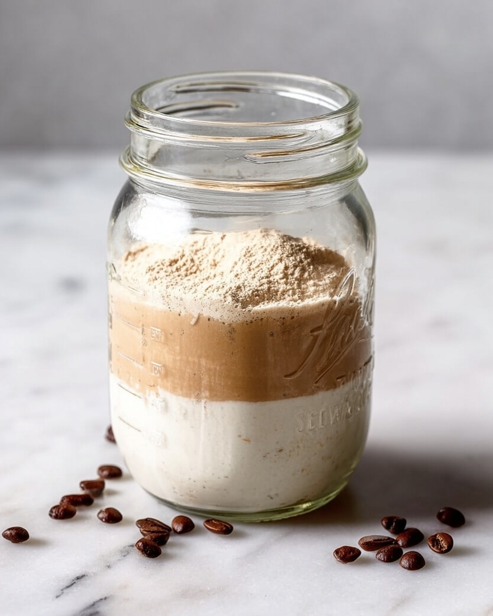 A clear glass jar with measurement marks contains three visible layers of ingredients on a white marbled surface. The bottom layer is a thick white liquid, above it is a smooth light brown layer, and the top layer is a beige powder. Around the jar on the surface are scattered small dark brown coffee beans. The photo is taken with an iphone --ar 4:5 --v 7
