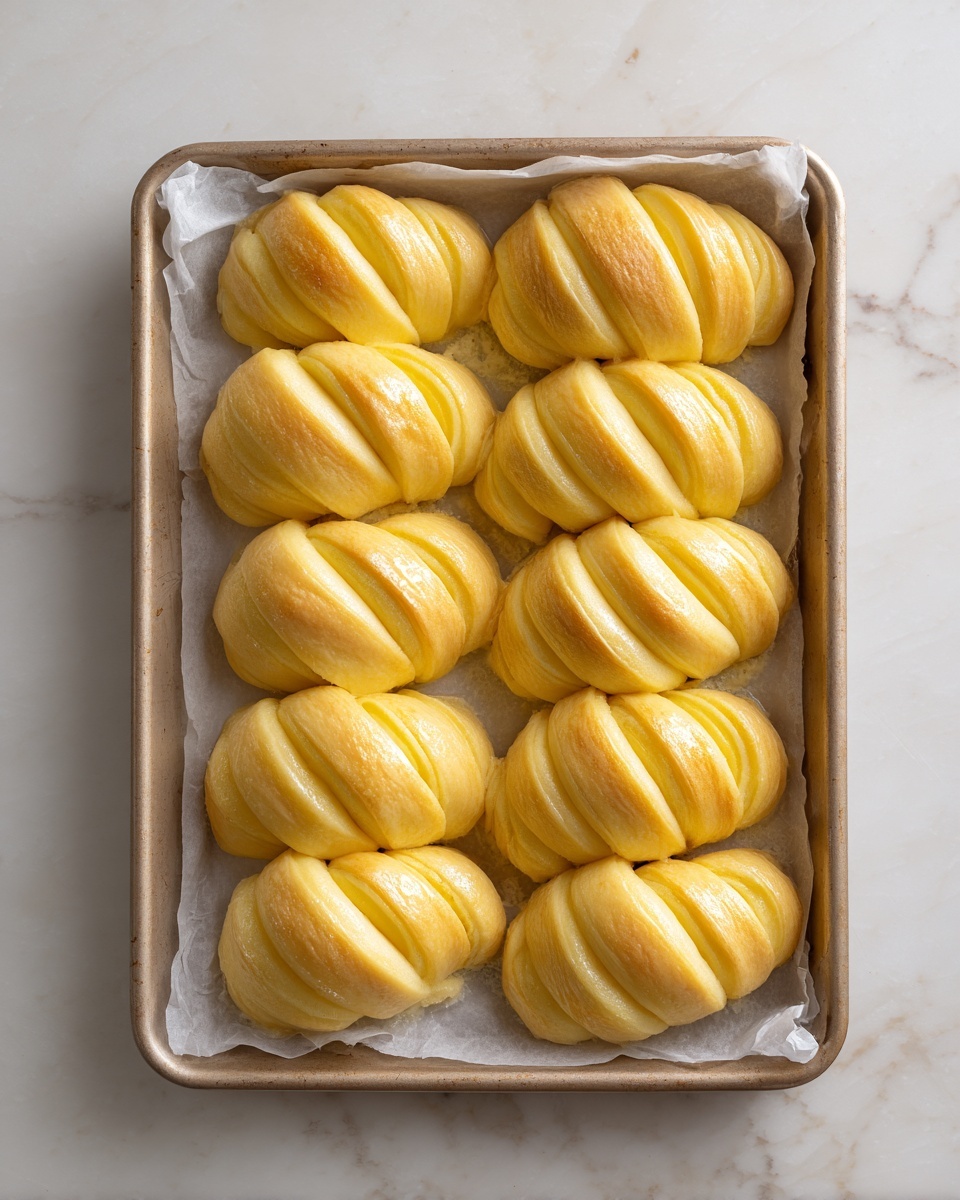 The image shows a baking tray lined with white parchment paper filled with rows of shiny, twisted dough pieces. Each piece has about 10 to 12 thick layers, all smooth and golden yellow with a glossy finish, arranged neatly side by side, covering the entire tray. The layers are curved softly, giving a puffed, soft texture look, with small gaps between the rows. The tray sits on a white marbled surface. photo taken with an iphone --ar 4:5 --v 7