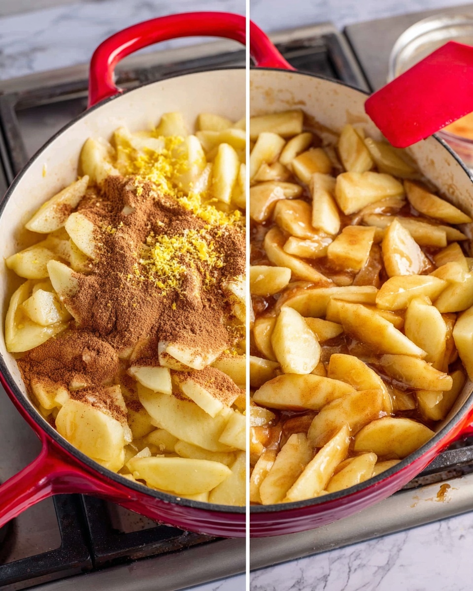 The image shows cooked apple slices in a white pan with red handles on a stove with a white marbled texture in the background. The left side displays a layer of peeled apple slices in pale yellow color, topped with a heap of brown cinnamon powder, light granulated sugar, and a sprinkle of orange zest in the center. The apple slices are unevenly placed but mostly cover the bottom of the pan. On the right side, the apples are more mixed together and coated with a warm, glossy light brown sauce that clings to each slice, giving a stewed look. A red spatula is partially visible in the upper right corner, lifting or stirring the apples. The photo taken with an iphone --ar 4:5 --v 7