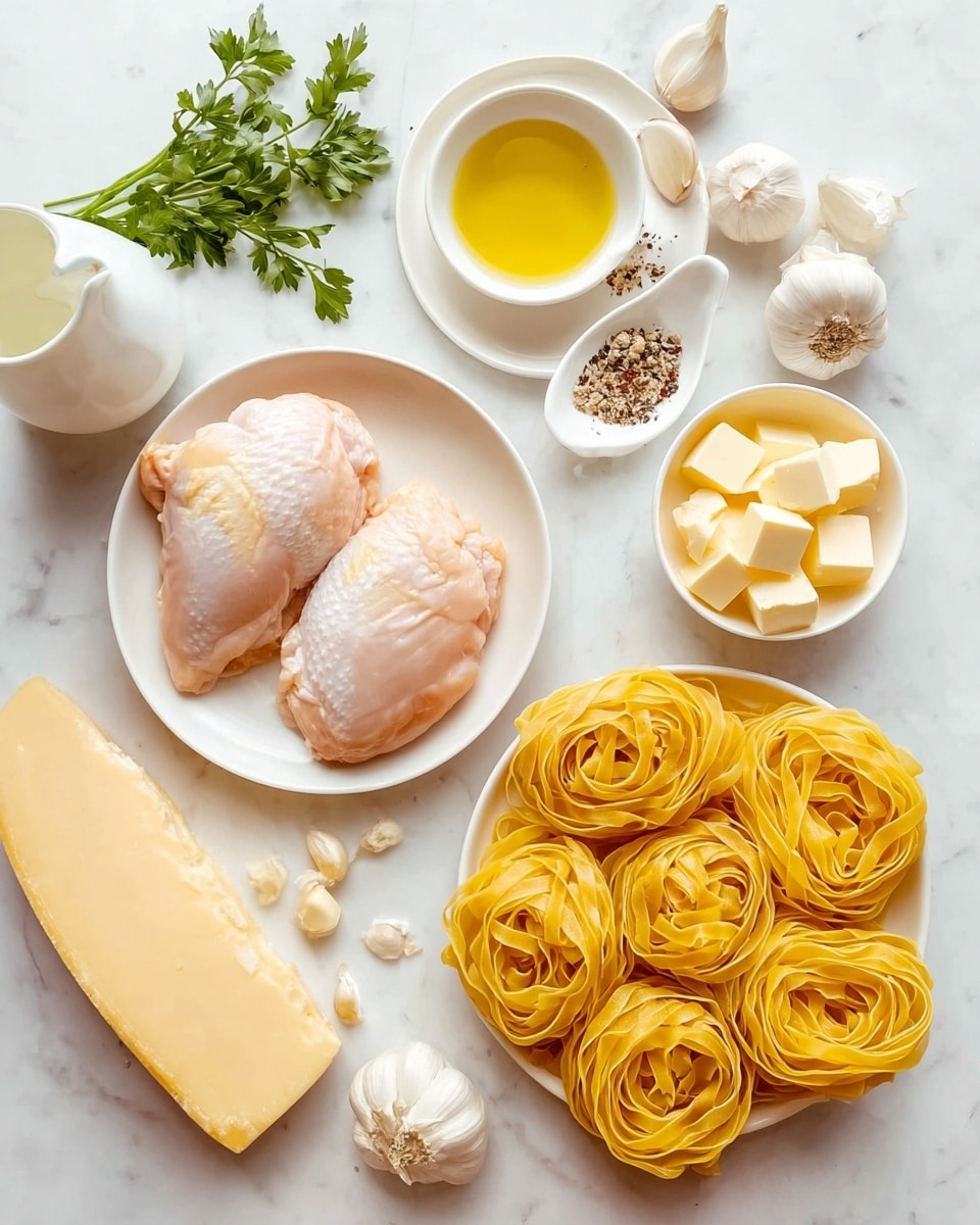 The image shows a white bowl with two raw chicken pieces placed in the center on a white marbled surface. To the right, there is a white plate piled with six yellow nests of uncooked tagliatelle pasta. Above the chicken bowl, there is a small white cup filled with yellow olive oil. To the top left of the chicken bowl, a round white plate holds a white spoon and three garlic cloves, with scattered black pepper and brown powdered seasoning on the plate. Fresh green parsley is arranged near the top edge, adding a touch of green color. On the bottom left, a white plate holds a large block of pale yellow cheese. In front of it, a small white bowl contains cubes of light yellow butter. Below the butter, there is a white ceramic jug with milk. The background throughout is a clean white marble texture. photo taken with an iphone --ar 4:5 --v 7