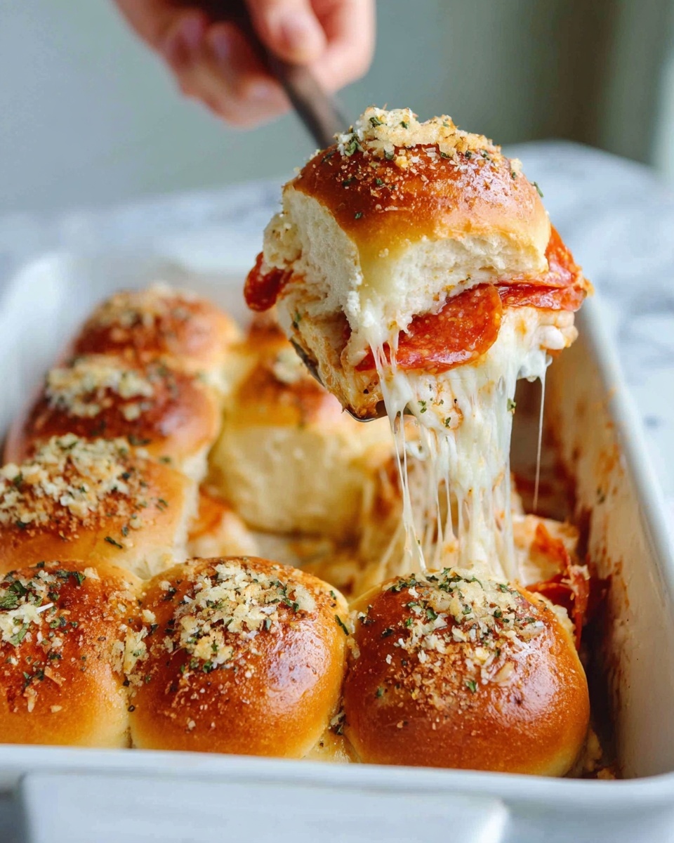 The image shows a close-up of a white baking dish filled with six golden brown slider buns on a white marbled surface. Each bun is topped with a sprinkling of garlic and herbs. One slider is lifted by a woman's hand holding a spatula, revealing melted mozzarella cheese stretching down in long strings. The lifted slider has layers of pepperoni slices visible just under the top bun. The slider sandwiches are soft with a slightly crispy top and a warm, cheesy inside. Photo taken with an iphone --ar 4:5 --v 7