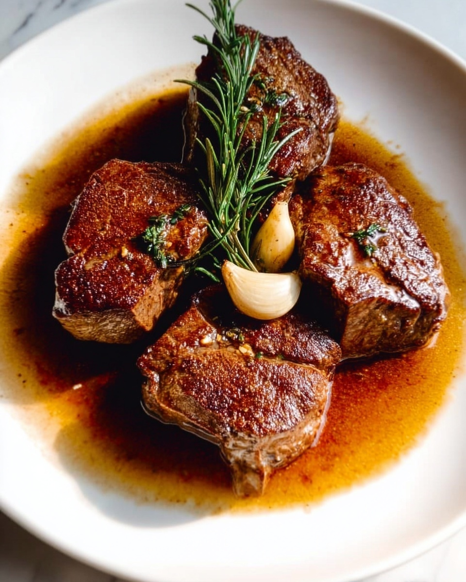 The image shows a white plate with four pieces of browned, cooked meat arranged in the center. There is a sprig of green rosemary placed on top of the meat and two whole cloves of garlic beside it. A golden-brown sauce surrounds the meat, pooling slightly on the white marbled surface beneath the plate’s edge. The texture of the meat looks slightly crispy outside with a rich, caramelized color. The lighting creates bright spots and soft shadows on the plate. Photo taken with an iphone --ar 4:5 --v 7