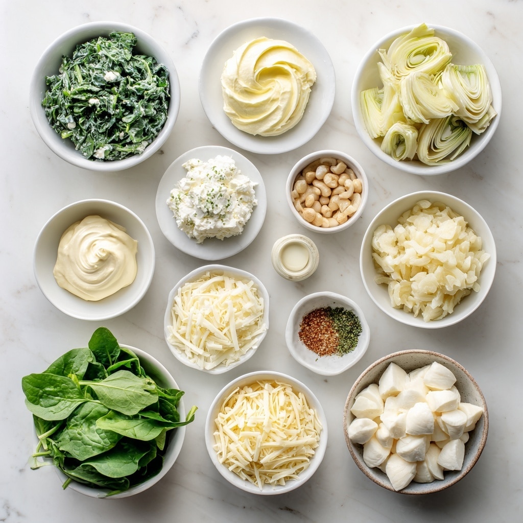 Top-down professional food photography, flat lay style, bright white marble countertop, neatly arranged, evenly spaced, tidy, clean organized layout, include: small bowl of real mayonnaise, bowl of thawed and squeezed chopped frozen spinach leaves, small plate of room temperature cream cheese, small bowl of drained and roughly chopped marinated artichoke hearts, small bowl of drained and chopped water chestnuts, small bowl of grated fresh garlic, small bowl of vegetable seasoning mix, small bowl of shredded Monterey Jack cheese, small bowl of shredded white cheddar cheese, small bowl of grated Parmesan cheese, small bowl of hand-torn fresh mozzarella pieces, bright soft natural lighting, sharp focus, high detail textures, realistic reflections, professional DSLR look, 4K, no finished dish, no cooked food, no hands, no text, no watermark, no brand logos