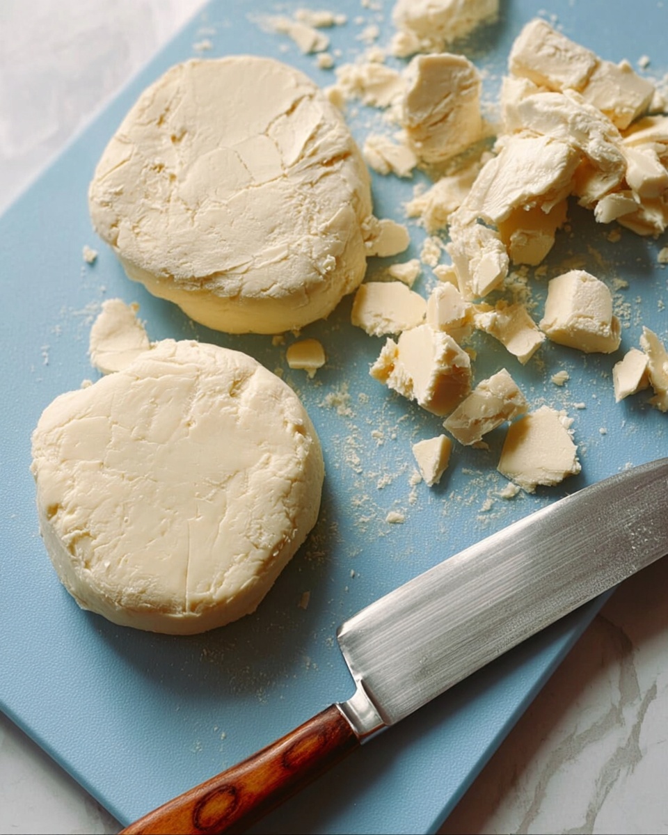 The image shows a blue cutting board placed on a white marbled surface with three pieces of soft, pale yellow dough arranged across it; one piece is round and thick at the bottom center, another round piece with some rough edges is towards the top left, and beside it on the top right are uneven dough scraps piled up loosely. A knife with a brown wooden handle and a silver blade lies diagonally on the board's bottom right corner, partly touching the board and the surface. The texture of the dough looks smooth but slightly cracked, showing a soft consistency. photo taken with an iphone --ar 4:5 --v 7