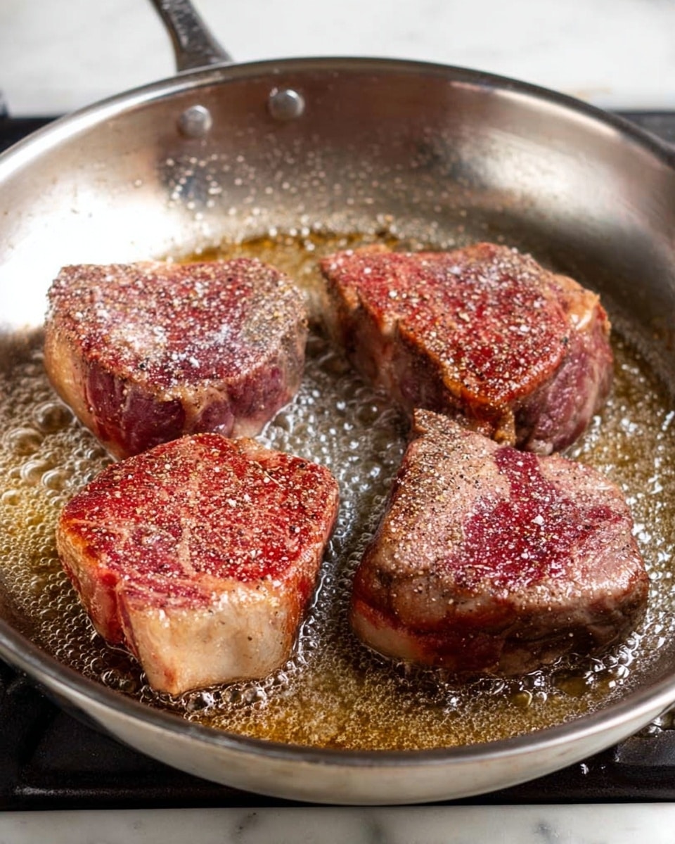 A close-up image of four thick pieces of steak cooking in a silver frying pan. The steaks show a mix of colors from raw red to lightly browned. Each piece is sprinkled with coarse salt and pepper. The steaks sit in shallow bubbling oil that shines under the light. The pan rests on a stove burner with a clean, white marbled surface around it. photo taken with an iphone --ar 4:5 --v 7