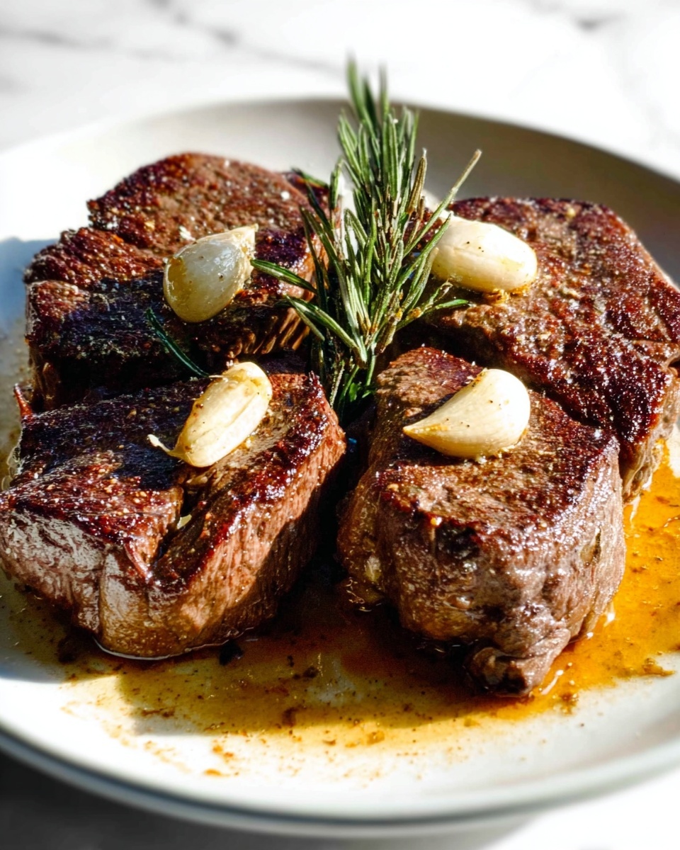 The image shows four pieces of cooked steak placed closely together on a white plate. Each steak has a dark brown, slightly crispy outer layer with a texture that looks juicy and tender. On top of the steaks, there are two whole cloves of garlic with a smooth white color and a small bundle of green rosemary with thin needle-like leaves in the center. Around the steaks, there is a golden-brown sauce spread unevenly on the plate, adding shine and richness to the scene. The background surface is white with a marbled texture, giving the whole image a clean and fresh look. Photo taken with an iphone --ar 4:5 --v 7