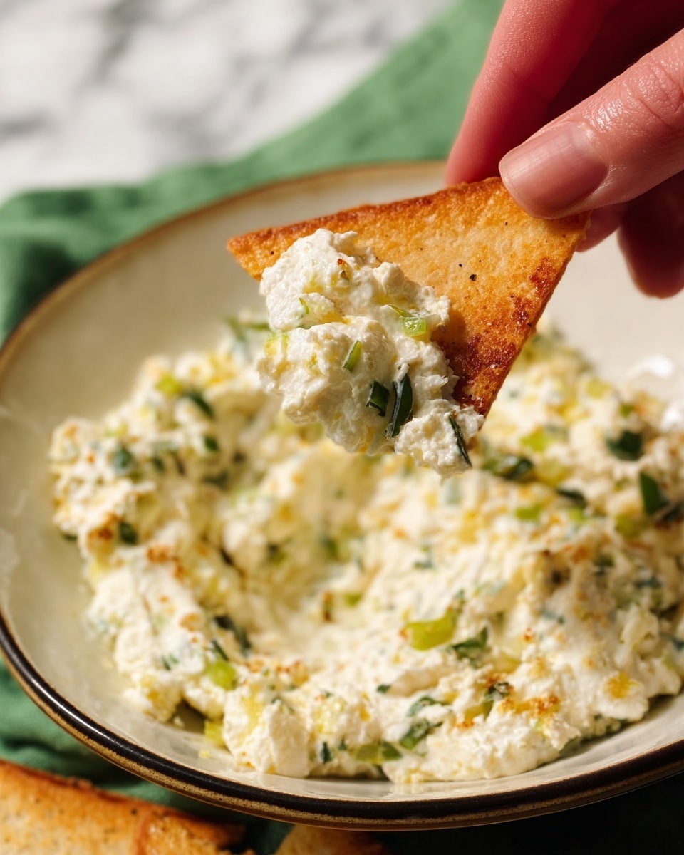 A close-up view of a woman's hand holding a toasted triangular chip dipped in a creamy white mixture. The mixture has soft, crumbly texture with small pieces of chopped green herbs and bits of a light yellow ingredient, all sitting in a shallow white bowl with a thin dark rim. The background is a white marbled surface with a faint green cloth partially visible. photo taken with an iphone --ar 4:5 --v 7