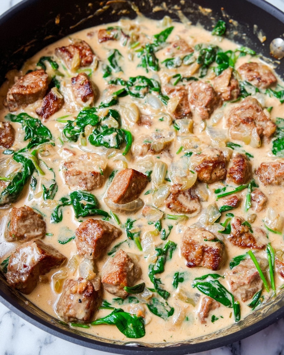 A close-up view of a black frying pan filled with creamy sauce that has a light beige color and a smooth, slightly thick texture. In the sauce, there are many pieces of browned meat chunks, each piece well-coated by the sauce. Scattered throughout are bright green spinach leaves and small bits of diced onions adding texture and color contrast. The overall look is rich and hearty, showing the creamy mixture evenly covering all ingredients. The pan is set on a white marbled surface. Photo taken with an iphone --ar 4:5 --v 7
