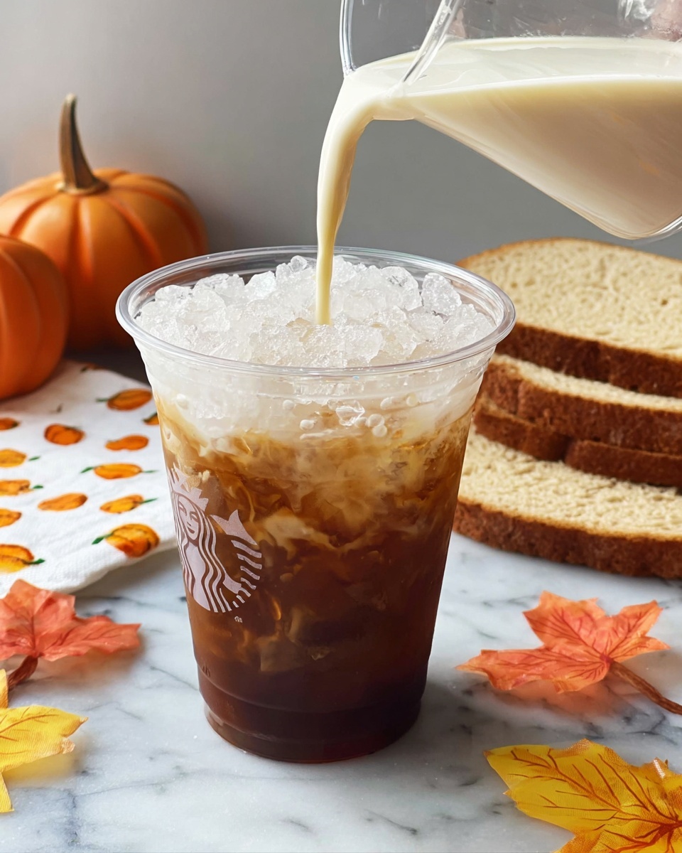 A clear plastic cup filled with dark brown iced coffee at the bottom layer, topped with a thick layer of crushed ice showing a white frosty texture, with creamy light beige milk being poured slowly from a glass pitcher into the top of the cup. The cup sits on a white marbled surface, surrounded by slices of medium brown bread with a soft texture. There are orange and yellow fall leaves as decoration near the cup, and a white napkin with orange pumpkin patterns in the background. Photo taken with an iphone --ar 4:5 --v 7