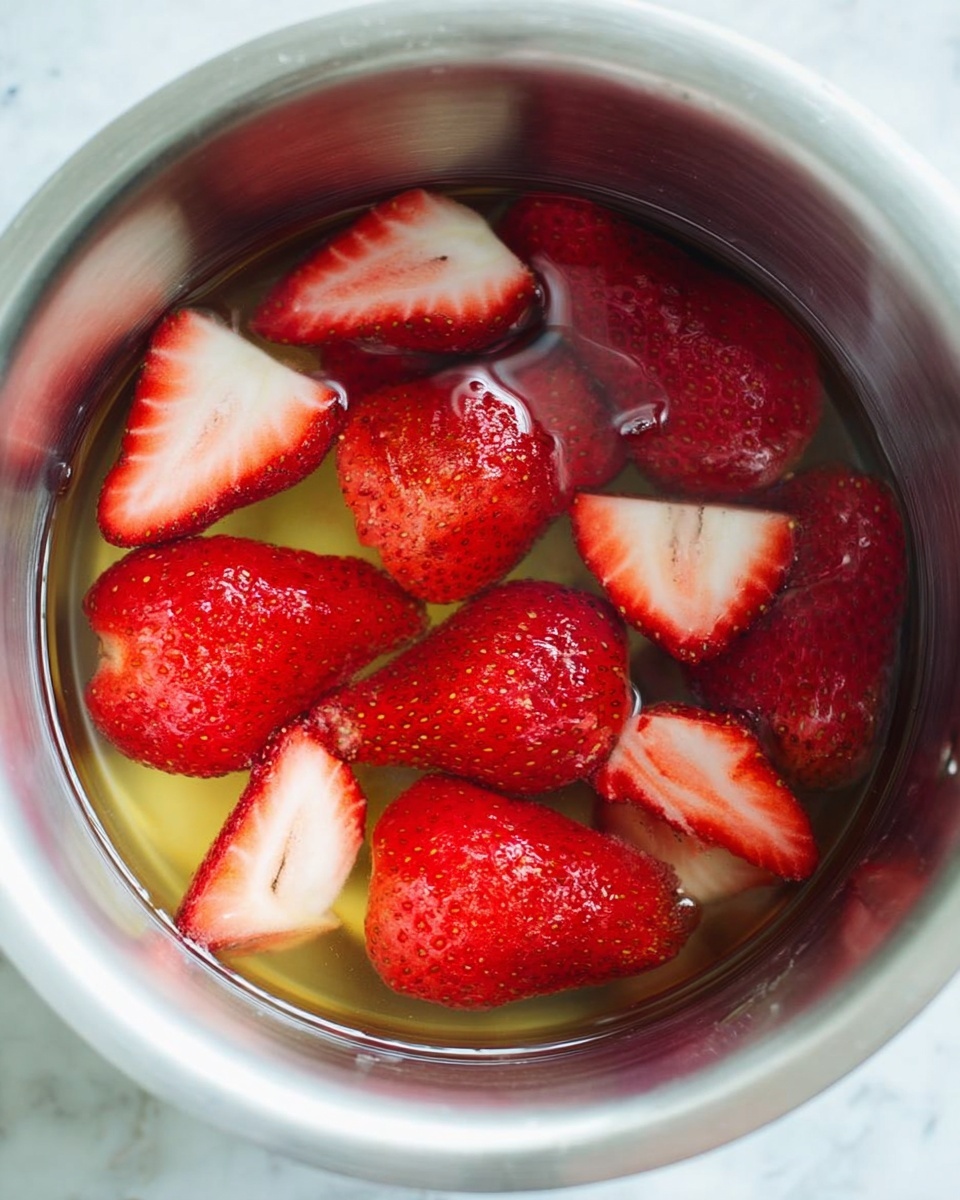 A close-up top view of a silver metal pot filled with a shallow layer of liquid with a light yellow tint. Floating on top are about 12 bright red strawberries, some whole and some sliced in half, showing the white inside and small seeds on the outside. The strawberries have a shiny, wet look, and the pot's smooth silver sides reflect light softly. The background is a white marbled texture photo taken with an iphone --ar 4:5 --v 7