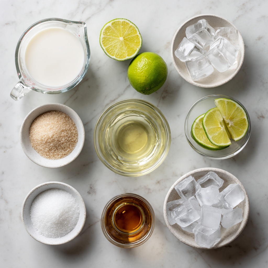 Top-down professional food photography, flat lay style, bright white marble countertop, neatly arranged, evenly spaced, tidy, clean organized layout, include: small bowl of solid coconut milk, glass measuring cup of lime juice, small bowl of granulated sugar, small glass cup of rum substitute, small bowl of ice cubes, bright soft natural lighting, sharp focus, high detail textures, realistic reflections, professional DSLR look, 4K, no finished dish, no cooked food, no hands, no text, no watermark, no brand logos