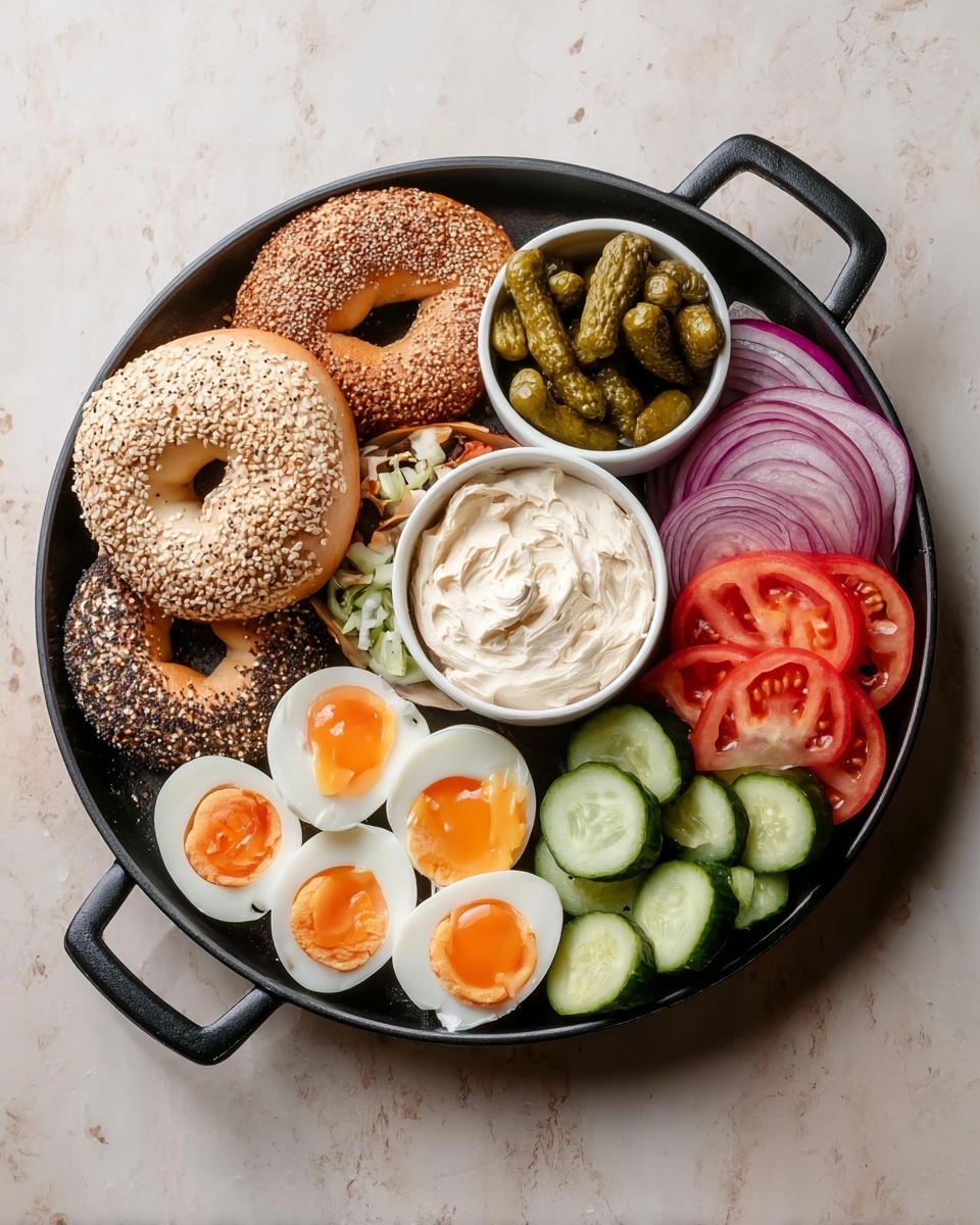 A round black pan with two handles holds an arranged assortment of food on a white marbled surface. The top section features three bagels, two seeded and one plain, with a small white bowl of cream cheese in front of them. To the right of the bagels is a small white bowl filled with small pickles. Below the pickles are thin red onion rings beside three halved boiled eggs with bright orange yolks. The bottom right includes a row of cucumber slices, while the bottom left shows fresh tomato slices. In the center of the pan is a larger white bowl filled with a creamy spread. The whole scene is balanced and colorful, showing textures like the smooth cream cheese, soft boiled eggs, and crisp vegetables. Photo taken with an iphone --ar 4:5 --v 7