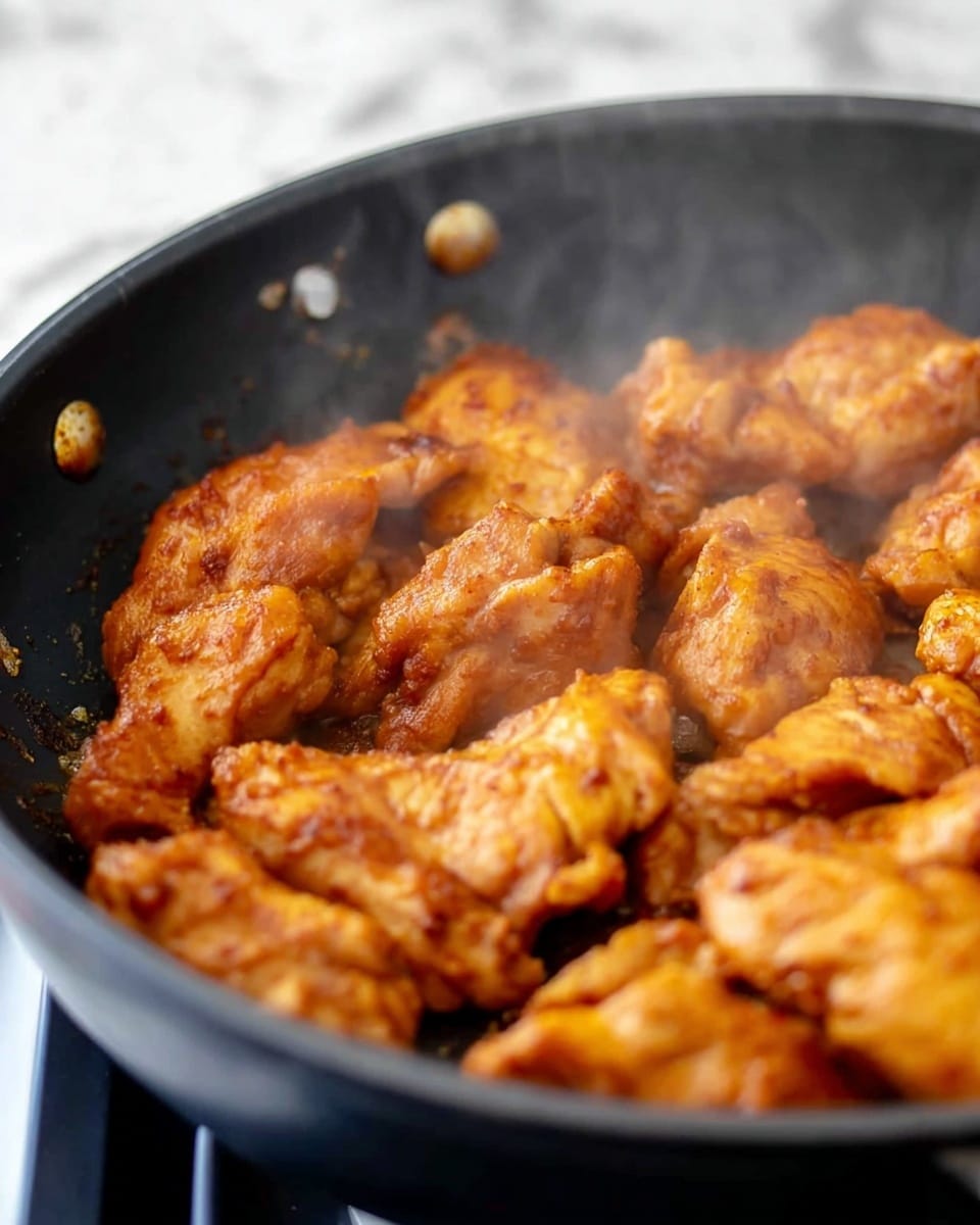 The image shows a close-up of a black pan filled with several pieces of cooked chicken. The chicken pieces are golden brown with a slightly reddish tint from the spices or sauce on them. The texture looks tender and juicy, with some steam rising from the chicken, giving a fresh cooked impression. The pan's rim and rivets are visible at the top, and the background is a white marbled texture. Photo taken with an iphone --ar 4:5 --v 7